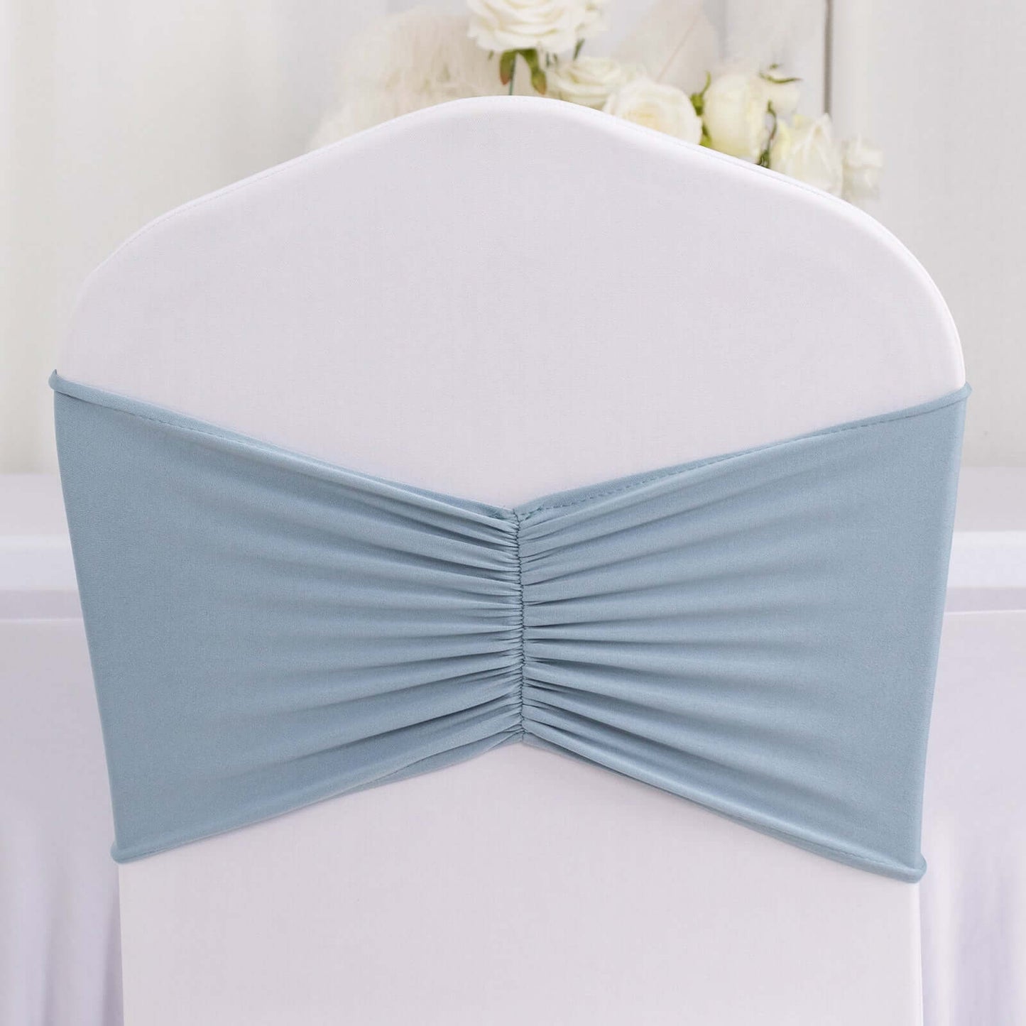 5 Pack Spandex Chair Sashes Dusty Blue Ruffled Style - Wide Easy to Use Stretch Chair Bands 8"x13"