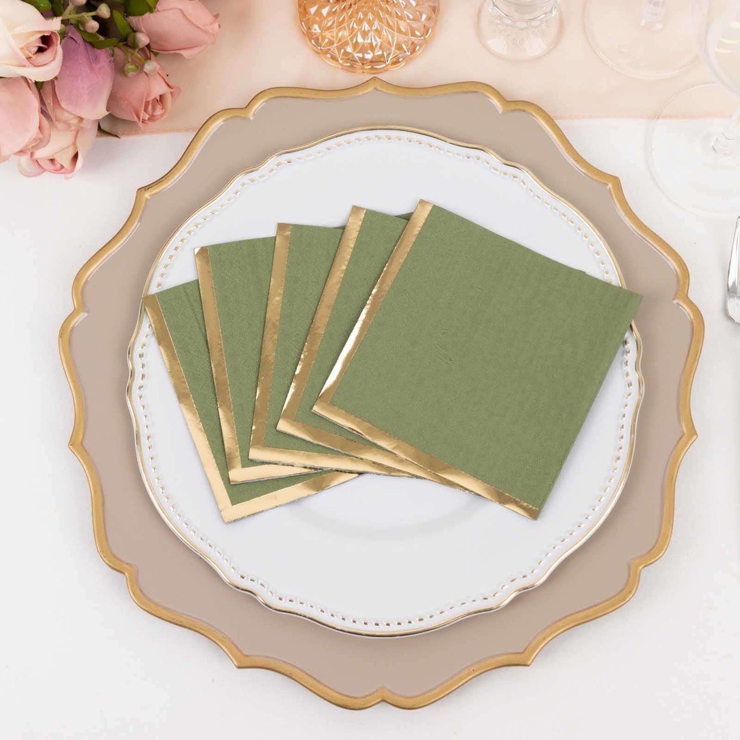 50-Pack Paper Beverage Napkins Dusty Sage Green with Gold Foil Edge - 2 Ply Disposable Soft 18GSM Cocktail Napkins 5"x5"