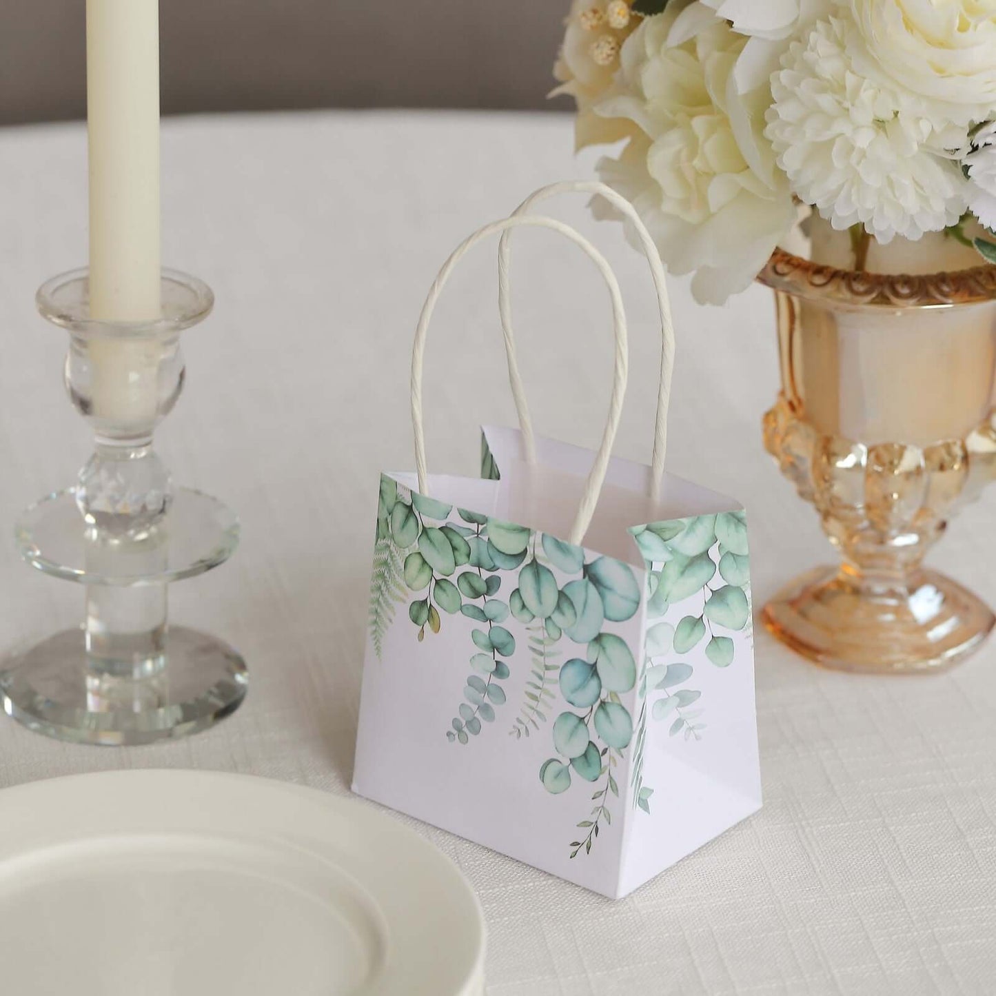 12 Pack White Green Eucalyptus Leaves Paper Party Favor Bags With Handles, Small Gift Goodie Bags - 4"x4"