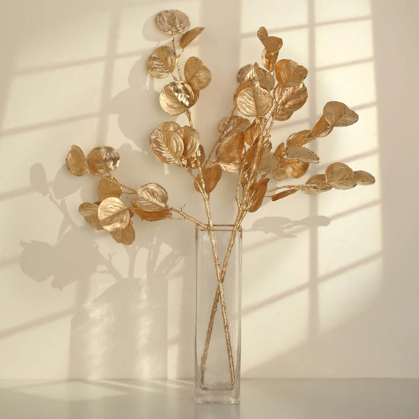 2-Pack Artificial Round Eucalyptus Leaf Branches Metallic Gold - Lifelike Faux Stems for Modern Centerpieces & Floral Arrangements 27"