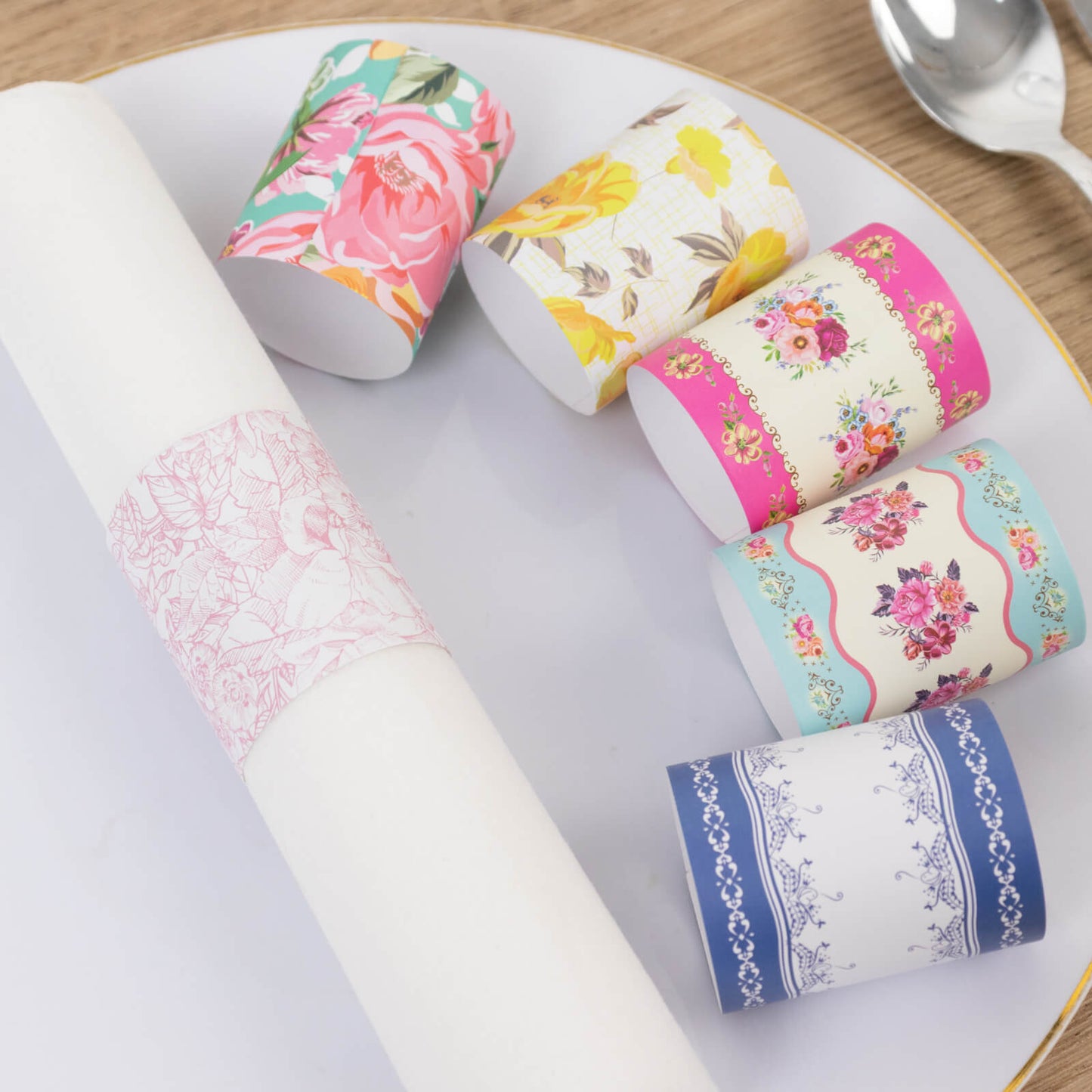 48-Pack Disposable Napkin Rings in Mixed Vintage Floral â€“ Elegant Paper Napkin Holder Bands for Tea Parties, Weddings & Special Occasions