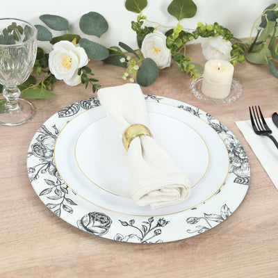 6-Pack Acrylic Round Charger Plates 13" in White with Black Floral French Toile Pattern, Decorative Dinner Party Charger Tableware