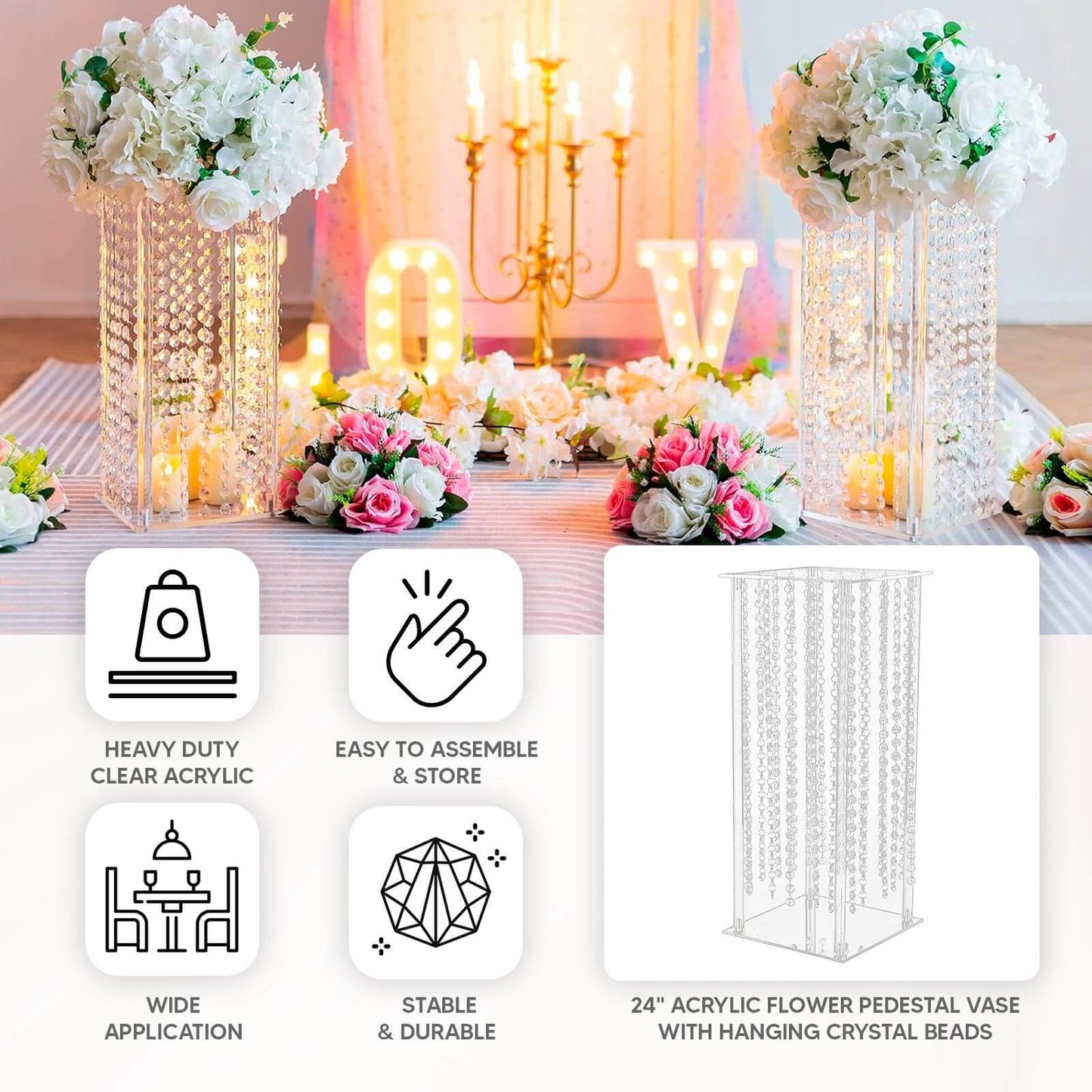 Acrylic Flower Pedestal Vase Pillar Stand with Crystal Beads Clear - Durable Wedding Table Centerpiece 24"