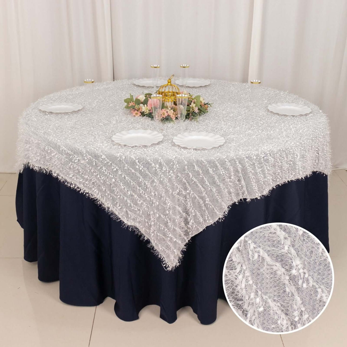 Polyester 72"x72" Table Overlay Square Tablecloth White Fringe Shag Design for Stylish Celebrations