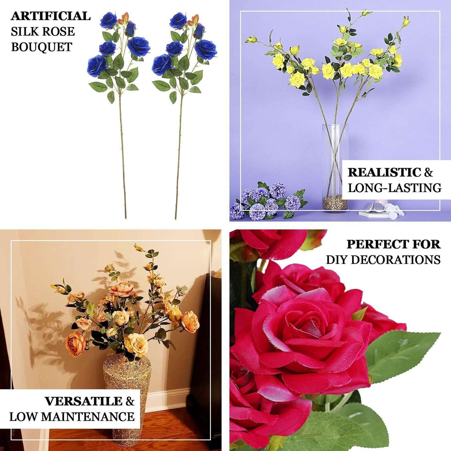 2 Stems 38" Tall Fuchsia Artificial Silk Rose Flower Bouquet Bushes