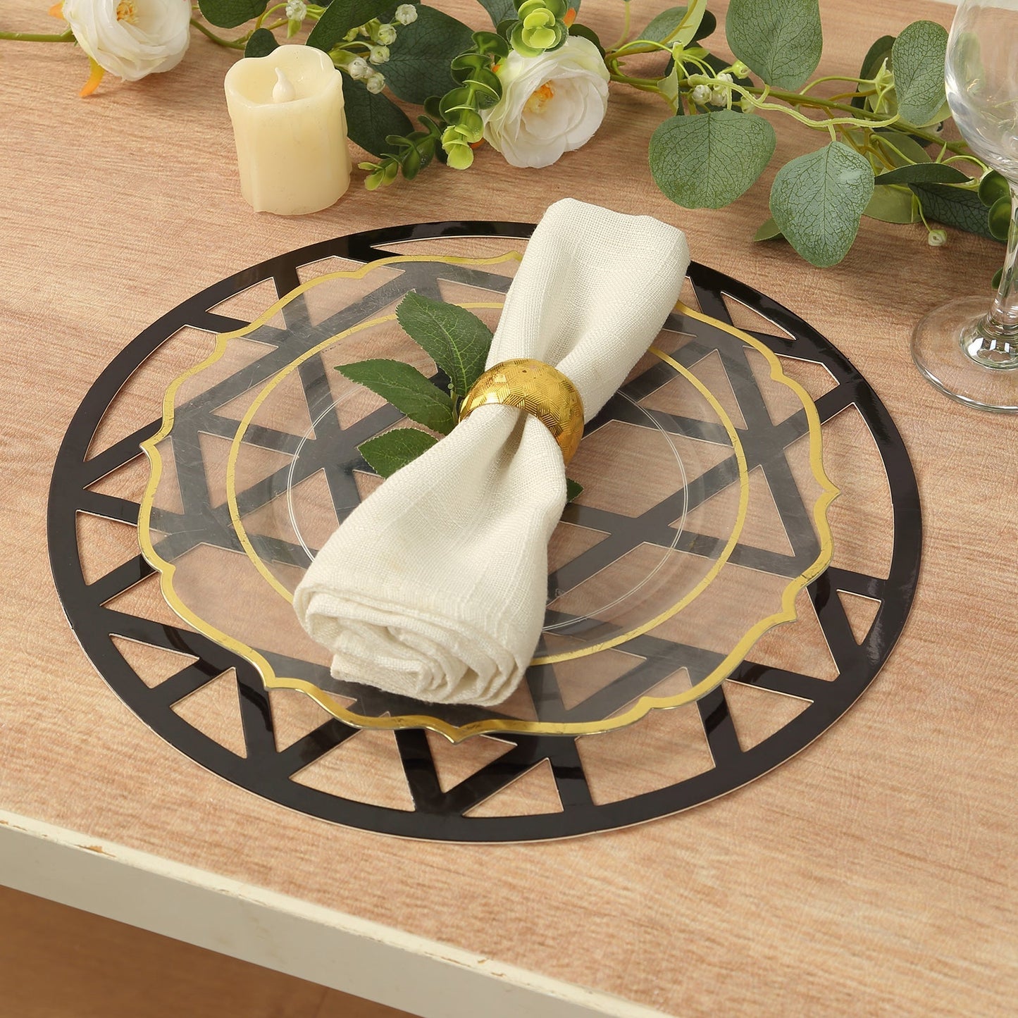 6-Pack Disposable Table Placemats in Black Laser Cut Geometric Triangle Design - 700GSM Cardboard Placemats for Glamorous Table Settings 13"