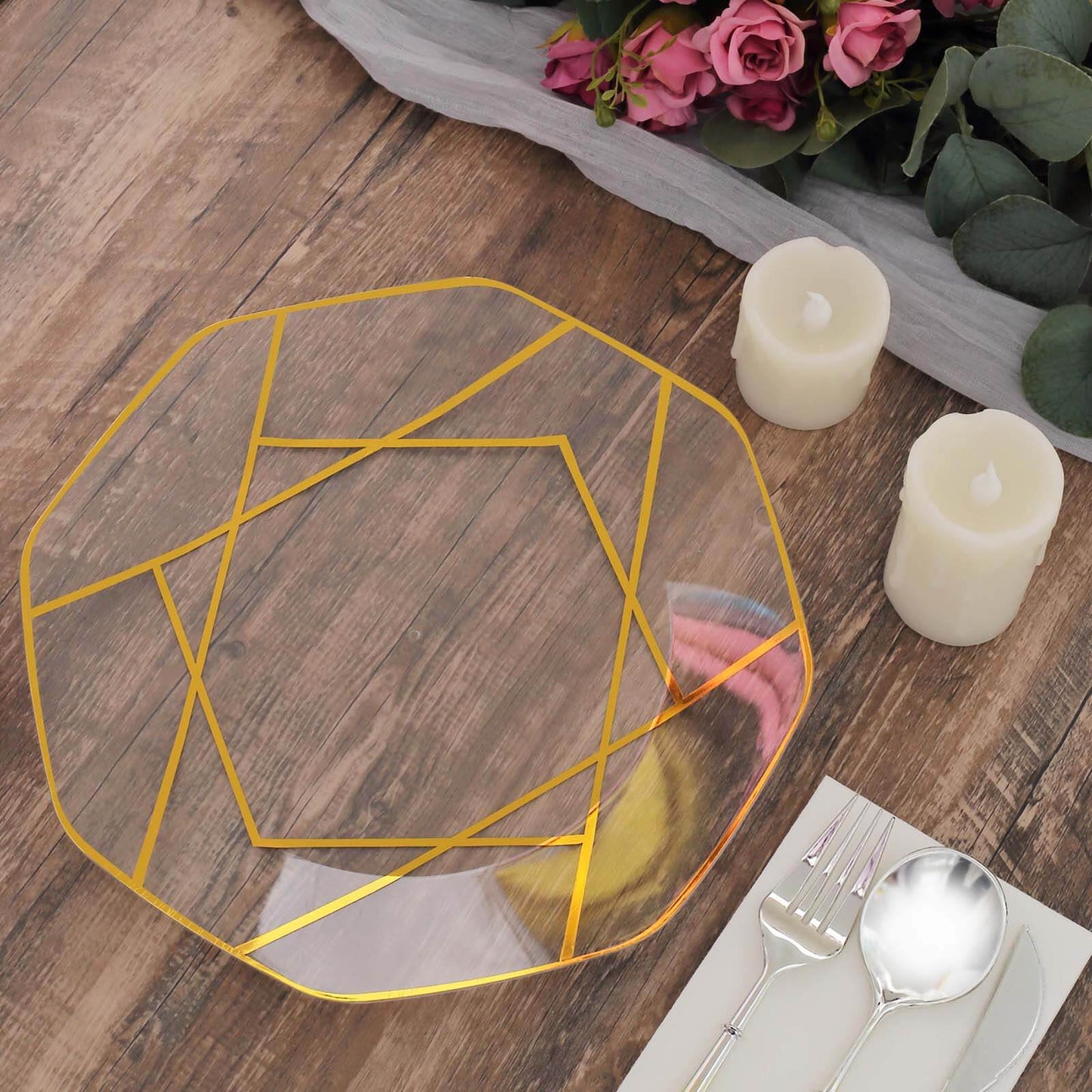 10-Pack Plastic 10" Octagon Dinner Plates in Clear - Modern Disposable Party Plates with Gold Geometric Design for Special Occasions & Celebrations
