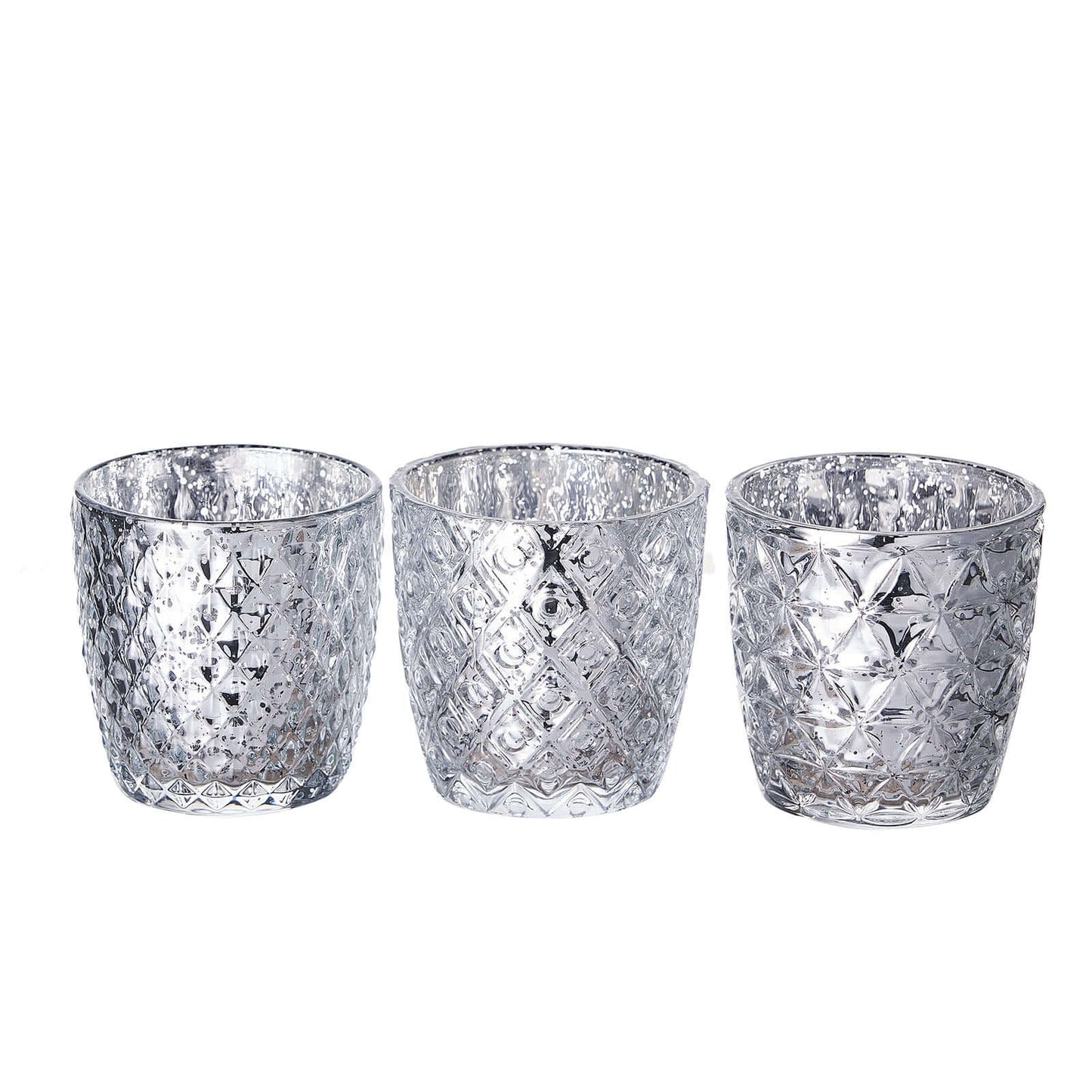 6-Pack Mercury Glass Votive Candle Holders Metallic Silver with Assorted Geometric Designs - Tealight Holders 3"