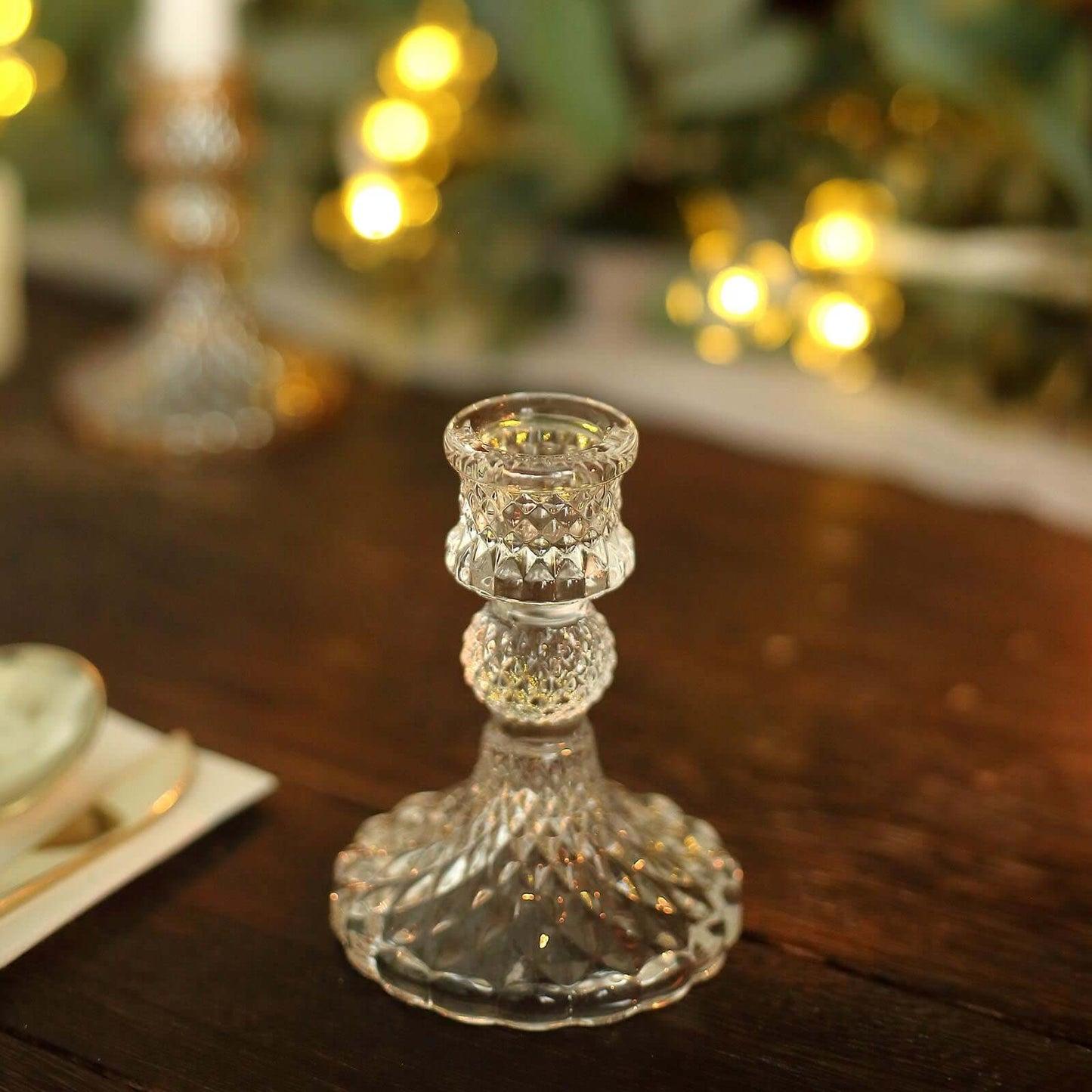6-Pack Glass Taper Candlestick Holders Diamond Pattern Design Clear - Reversible Crystal Pillar Votive Stands 4"