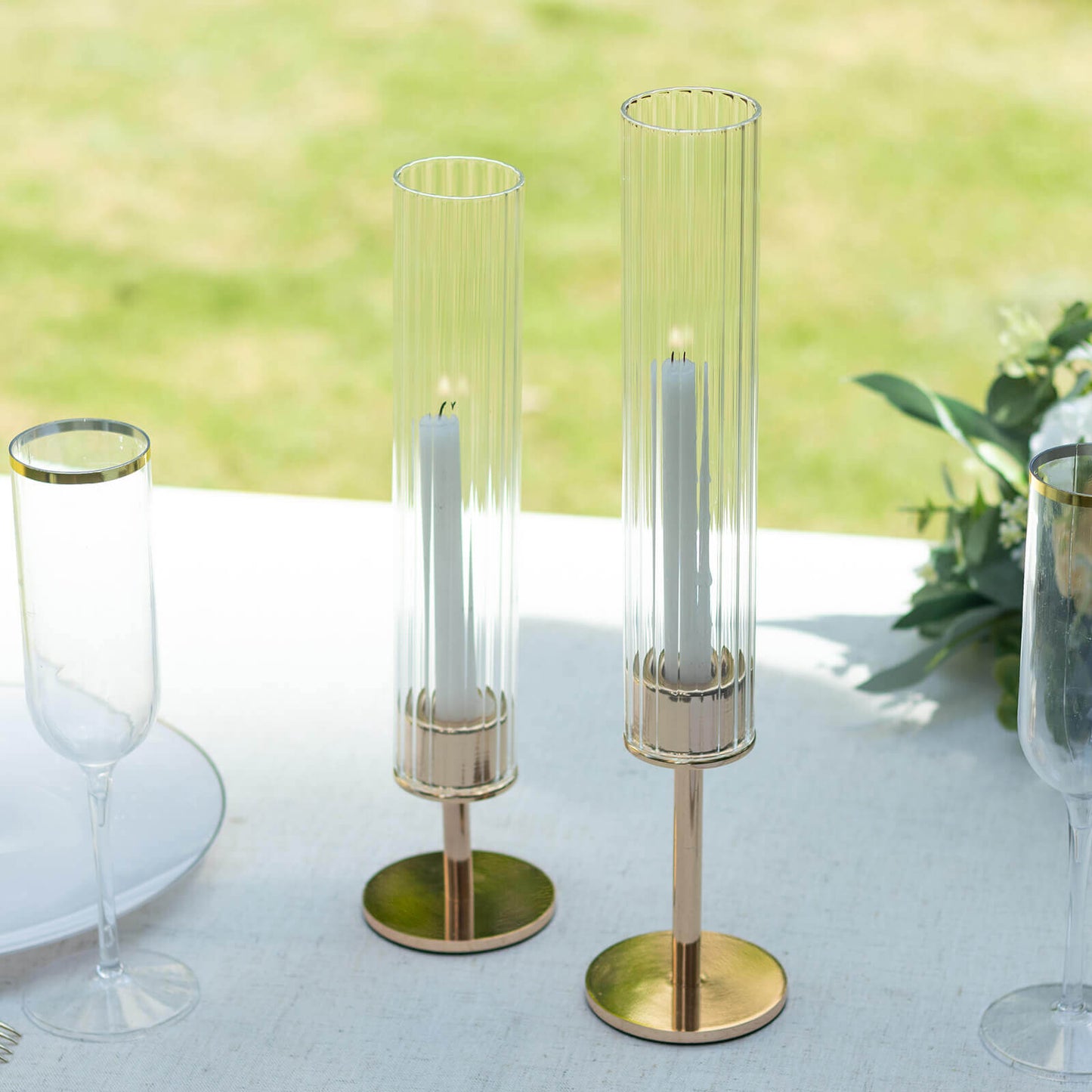 2-Pack Clear Ribbed Glass Hurricane Shades Open End Design - Stylish Candelabra Pillar Candle Holder Table Centerpiece 10"