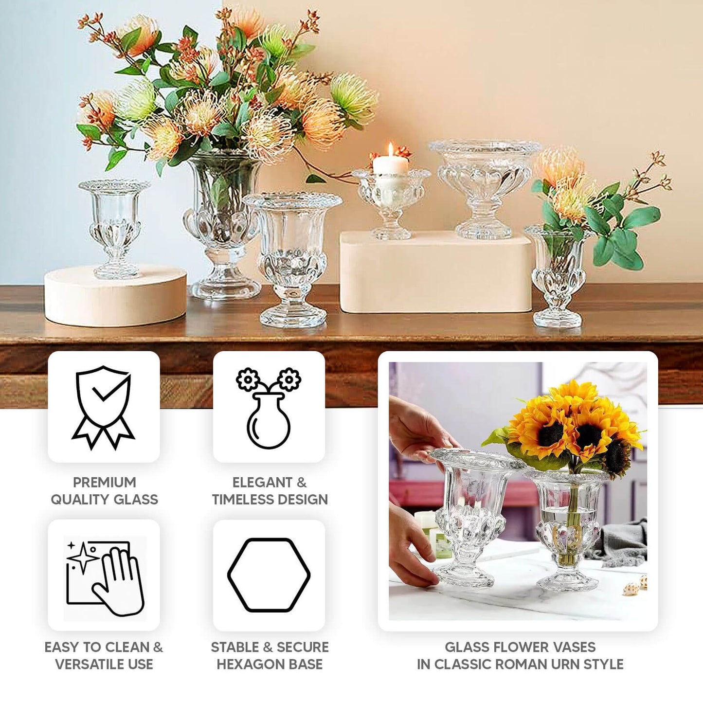2-Pack Glass Mini Pedestal Flower Vases in Classic Roman Urn Style Clear - Sophisticated Wedding Table Centerpieces 8"