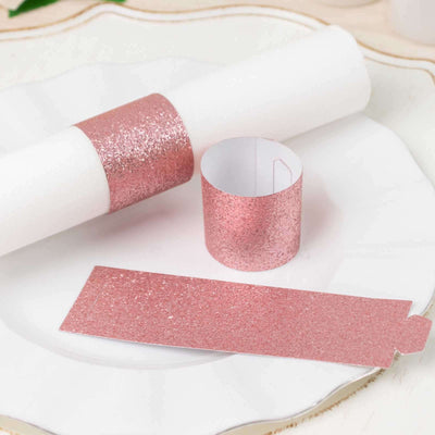 50-Pack Paper Napkin Rings Rose Gold Glitter - Stylish Disposable Napkin Holders 1.5"