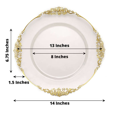 6-Pack Acrylic Round Charger Plates 13" in Clear with Gold Embossed Baroque Rim, Antique Decorative Dinner Party Charger Tableware