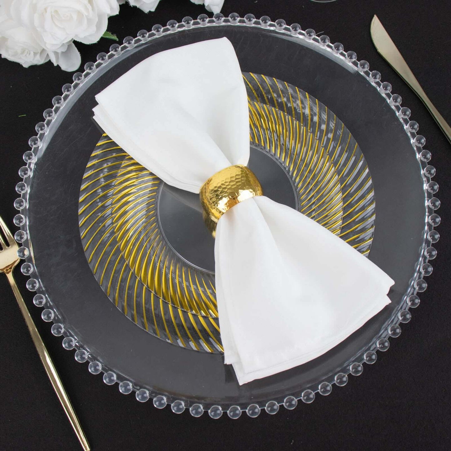 10-Pack Plastic 9" Round Dinner Plates Clear with Gold Swirl Rim - Disposable Party Plates for Classy Events & Banquets