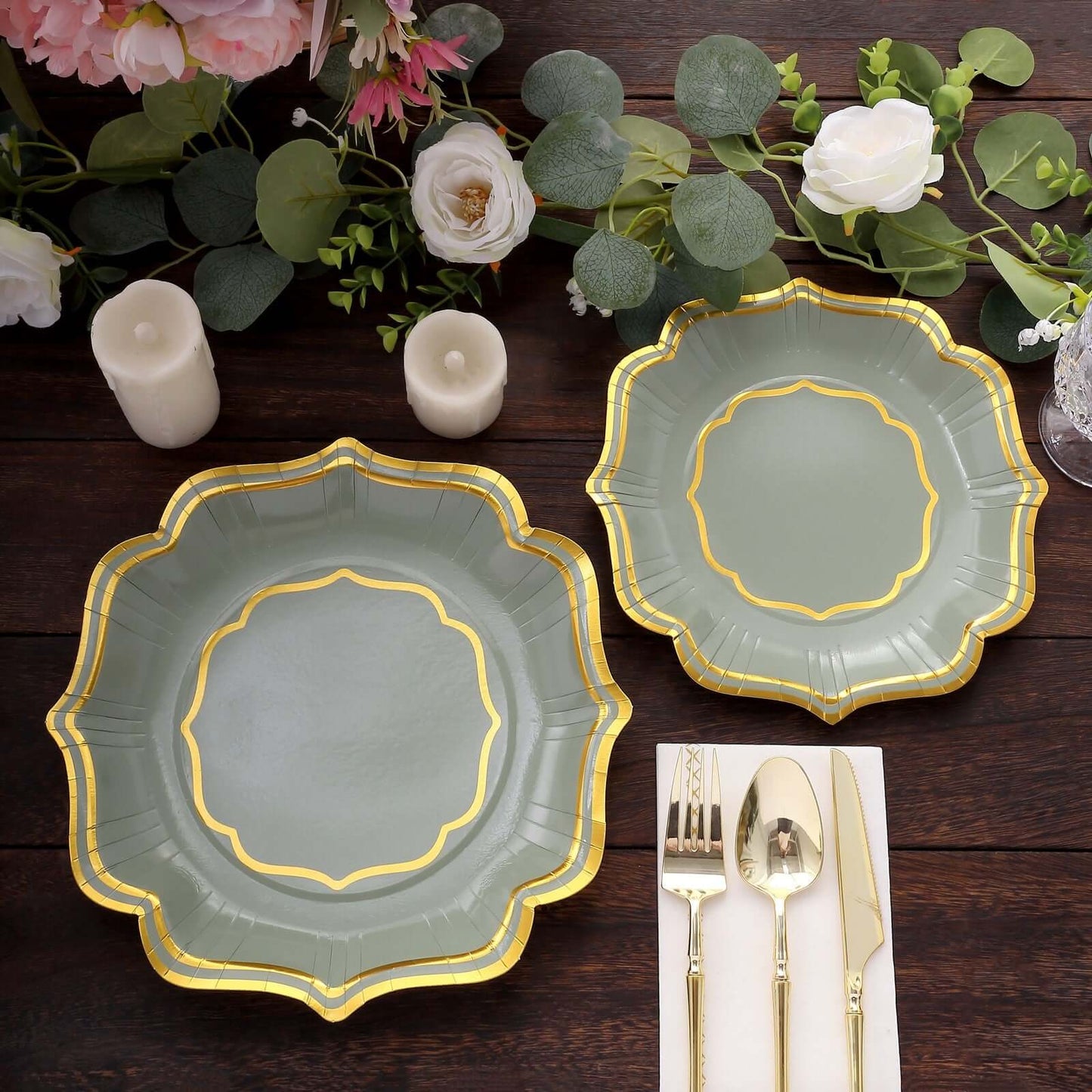25-Pack Paper Dinner Plates in Sage Green with Gold Scallop Rim - Disposable 300GSM Party Plates 10"