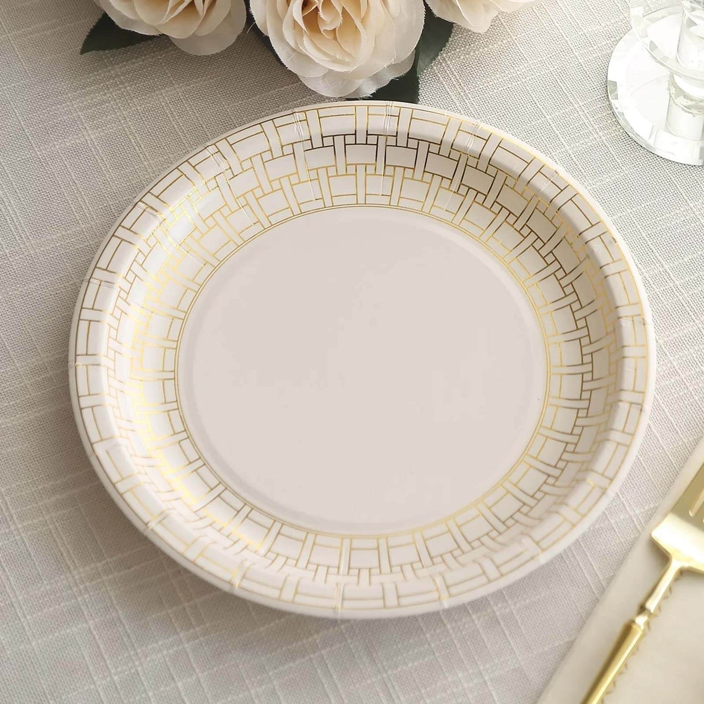25-Pack Paper 9" Round Dinner Plates in White with Gold Basketweave Rim - Disposable Party Plates for Stylish SoirÃ©es & Festive Brunches