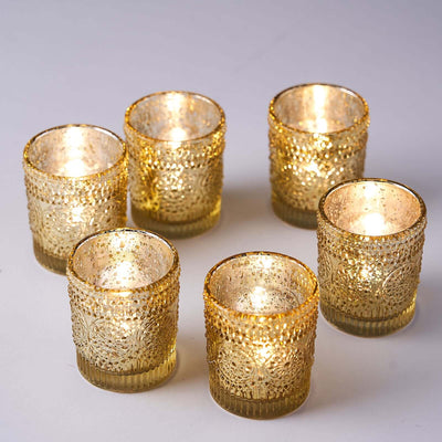 6-Pack Gold Glass Votive Tealight Holders - Stylish Primrose Design for Weddings & DÃ©cor