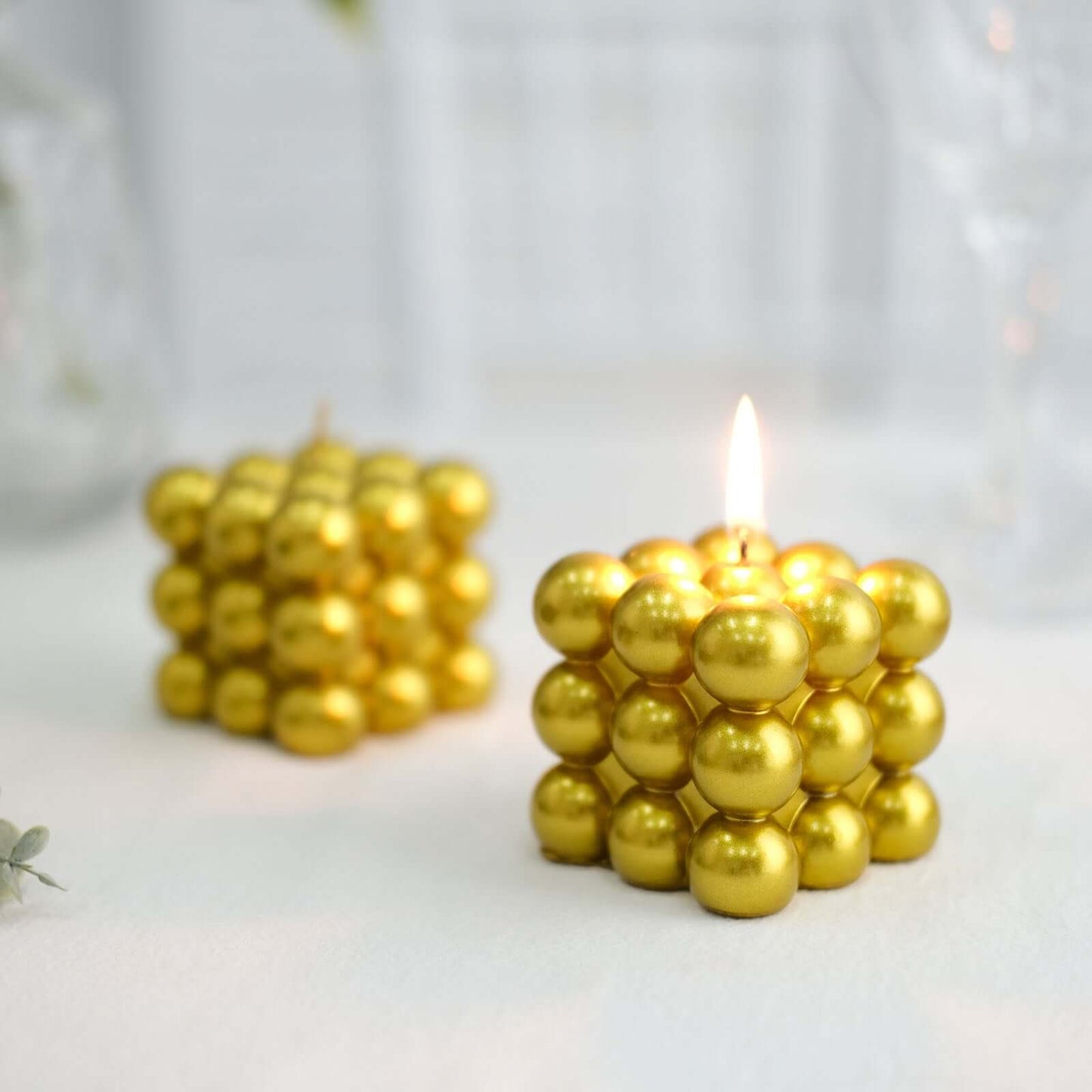 2-Pack Decorative Paraffin Wax Candles Bubble Cube Design Metallic Gold - Unscented Long Burning Pillar Candle Set 2"
