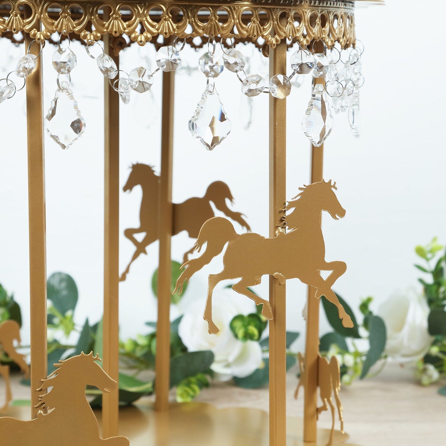 Metal Round Pedestal Cake Stand Gold Carousel Design with Hanging Acrylic Beads for Cupcakes & Pastries 14"