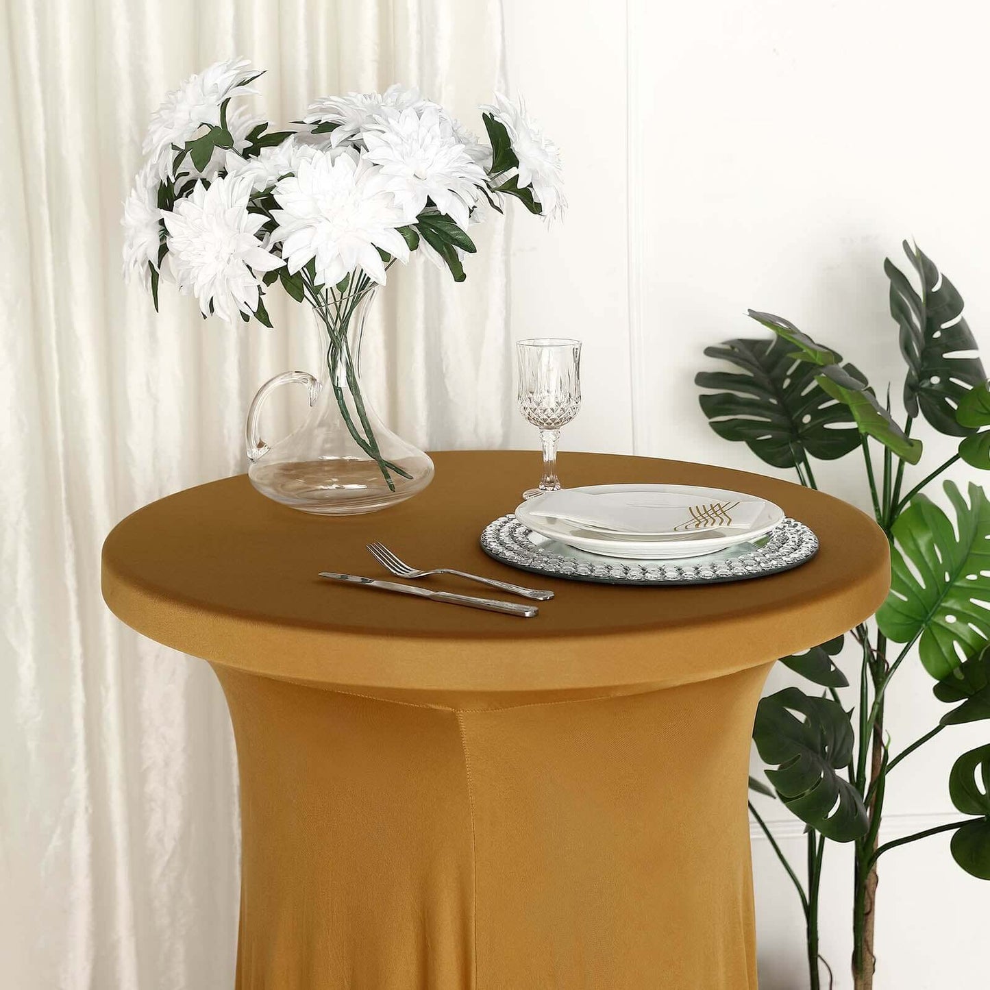 Spandex 30" Round Cocktail Table Cover Skirt Gold With Natural Wavy Drapes