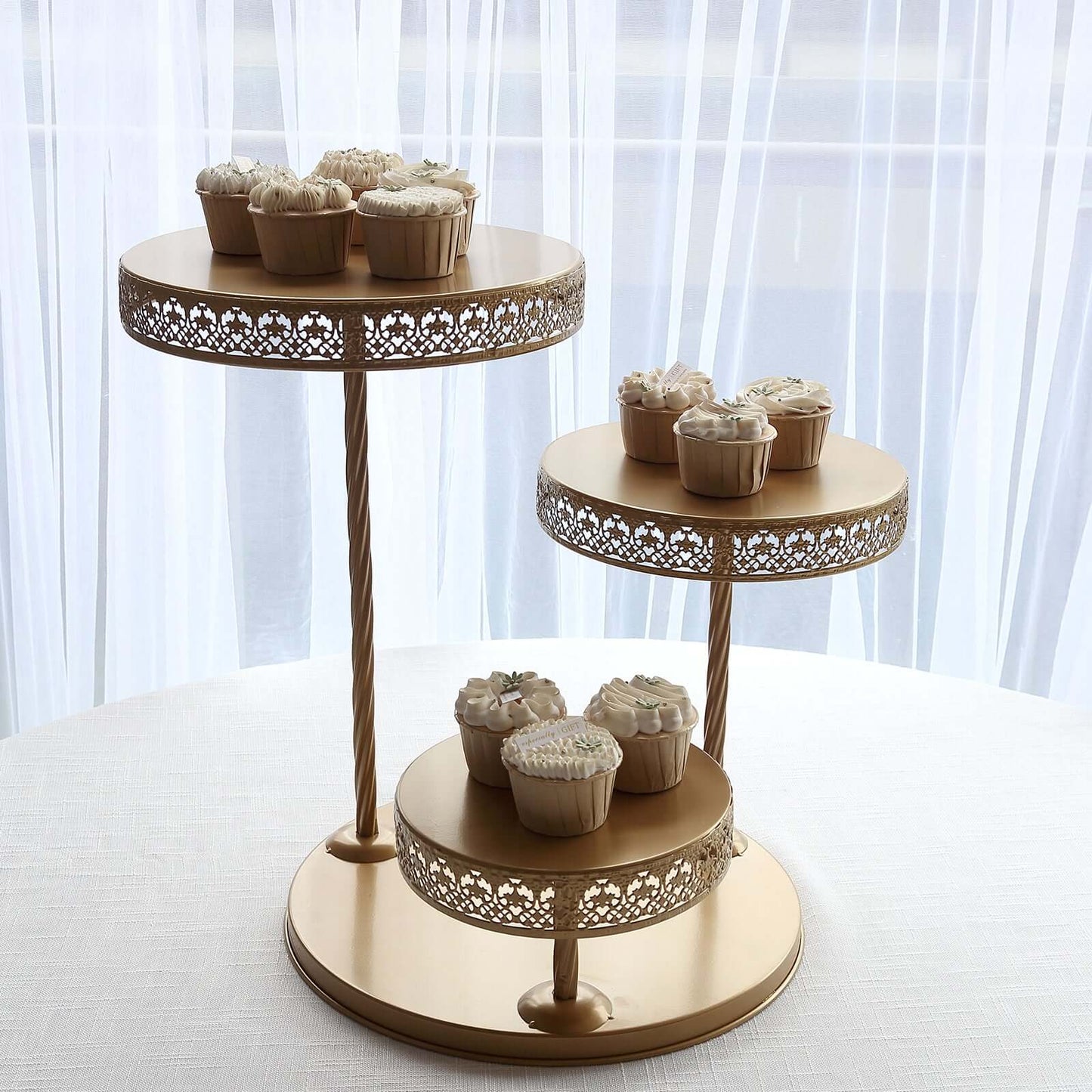 3-Tier Dessert Stand Hollow Lace Round Design Gold - Cupcake Tower and Tiered Cake Display Metal 21"
