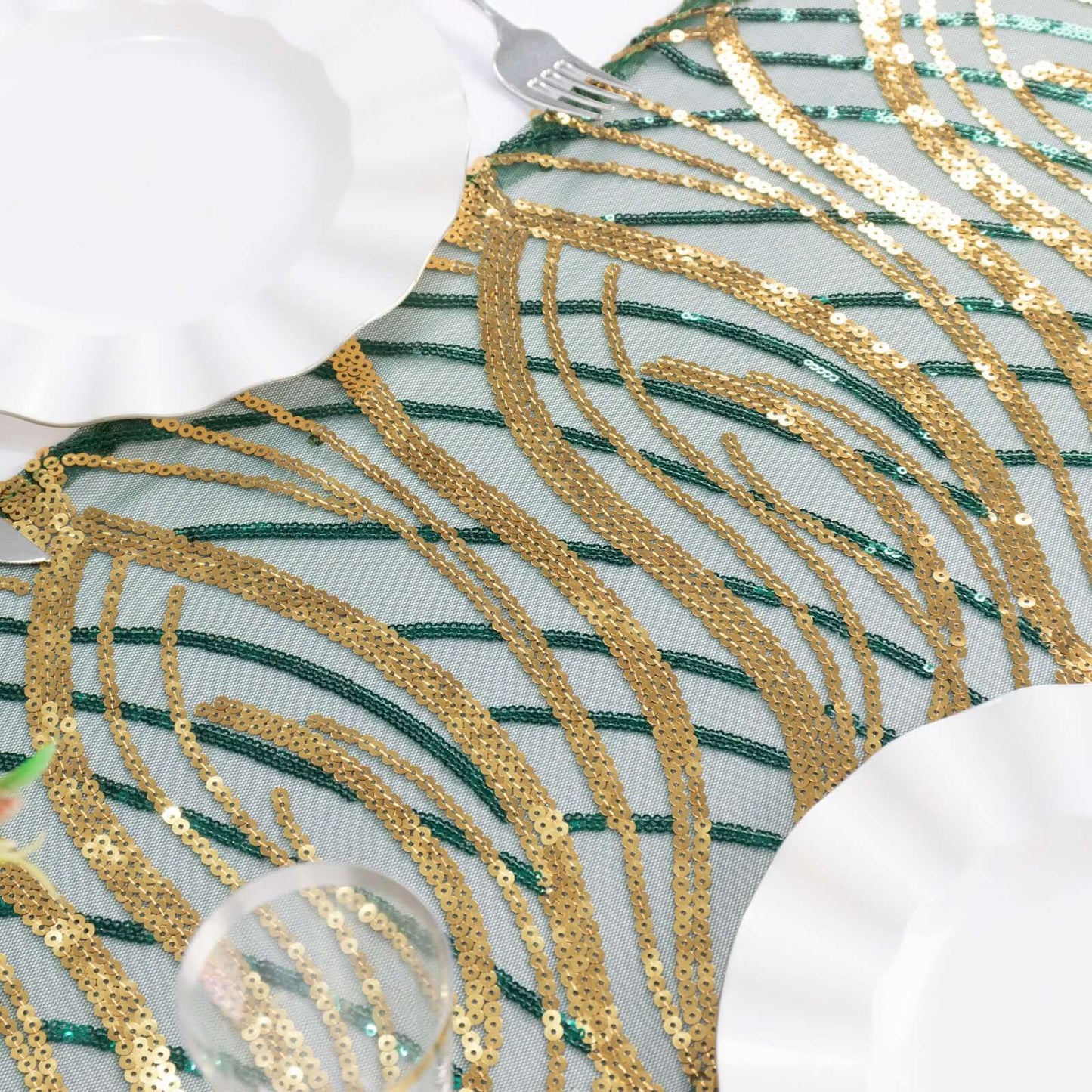 Sequin Mesh 12"x108" Table Runner Hunter Emerald Green/Gold Stylish Wave Embroidery