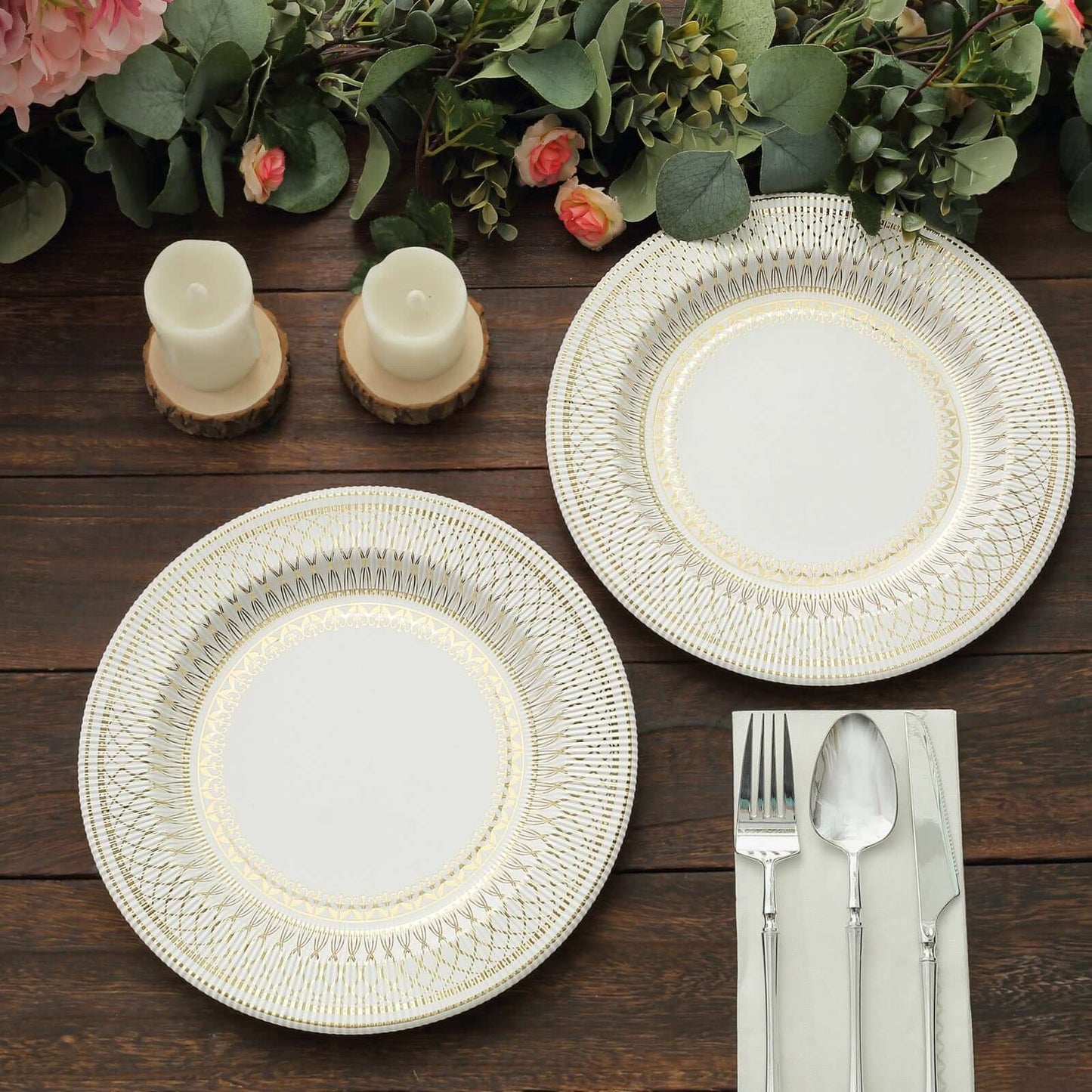 25-Pack Paper 10" Round Dinner Plates in White with Gold Vintage Porcelain Style Rim - Disposable 300GSM Party Plates