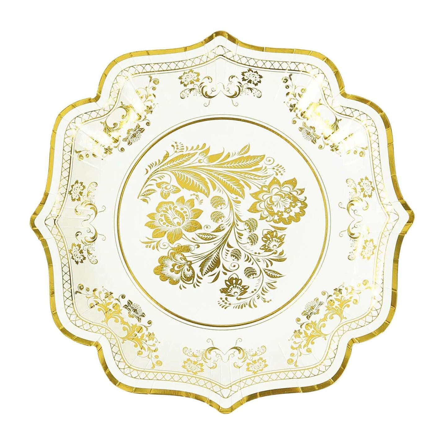 25-Pack Paper Dinner Plates in White Gold Damask Floral Print & Scallop Rim - Stylish Disposable 300GSM Floral Party Plates 10"