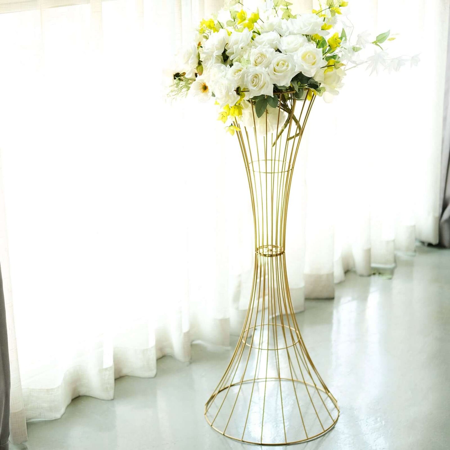 36" Tall Gold Metal Wire Hourglass Flower Frame Stand, Open Frame Reversible Trumpet Centerpiece Stand