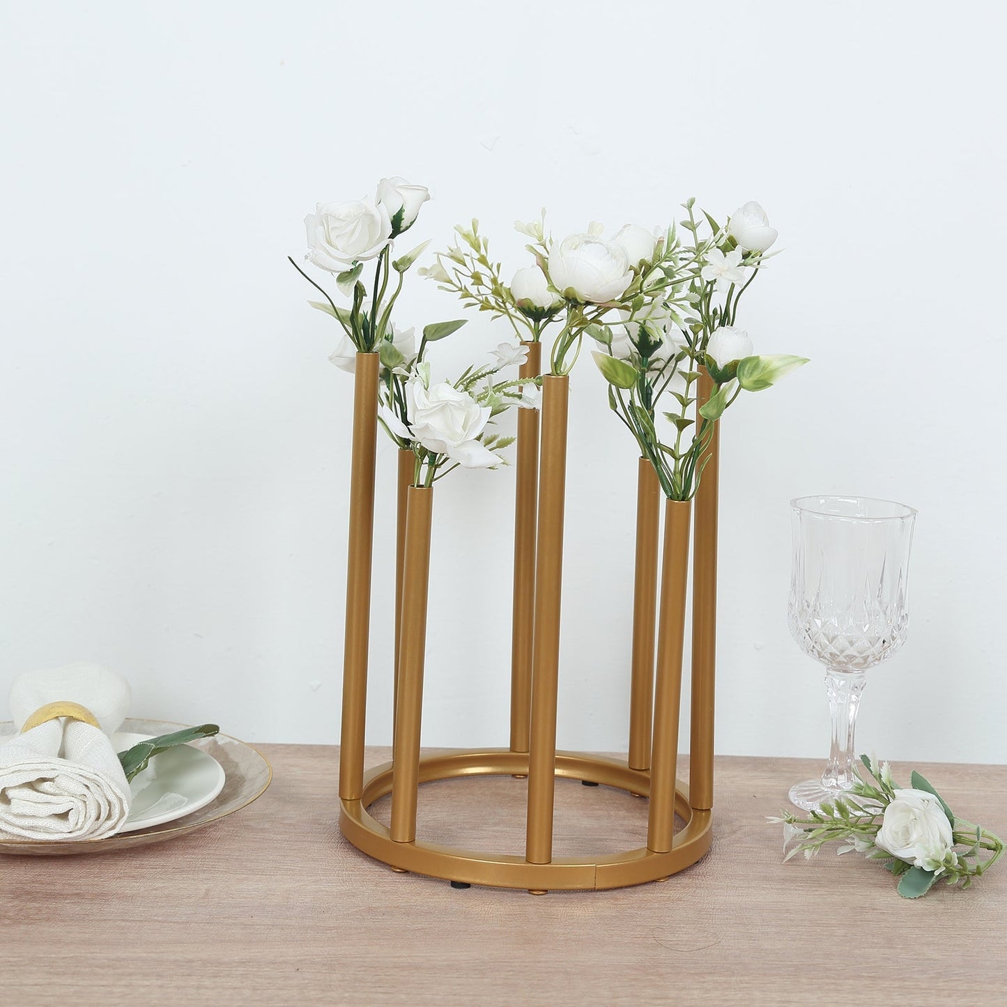 Flower Vase Gold Metal Minimalist 8-Tubes Round Base Design - Single Stem Bud Centerpiece for Arrangements 10"