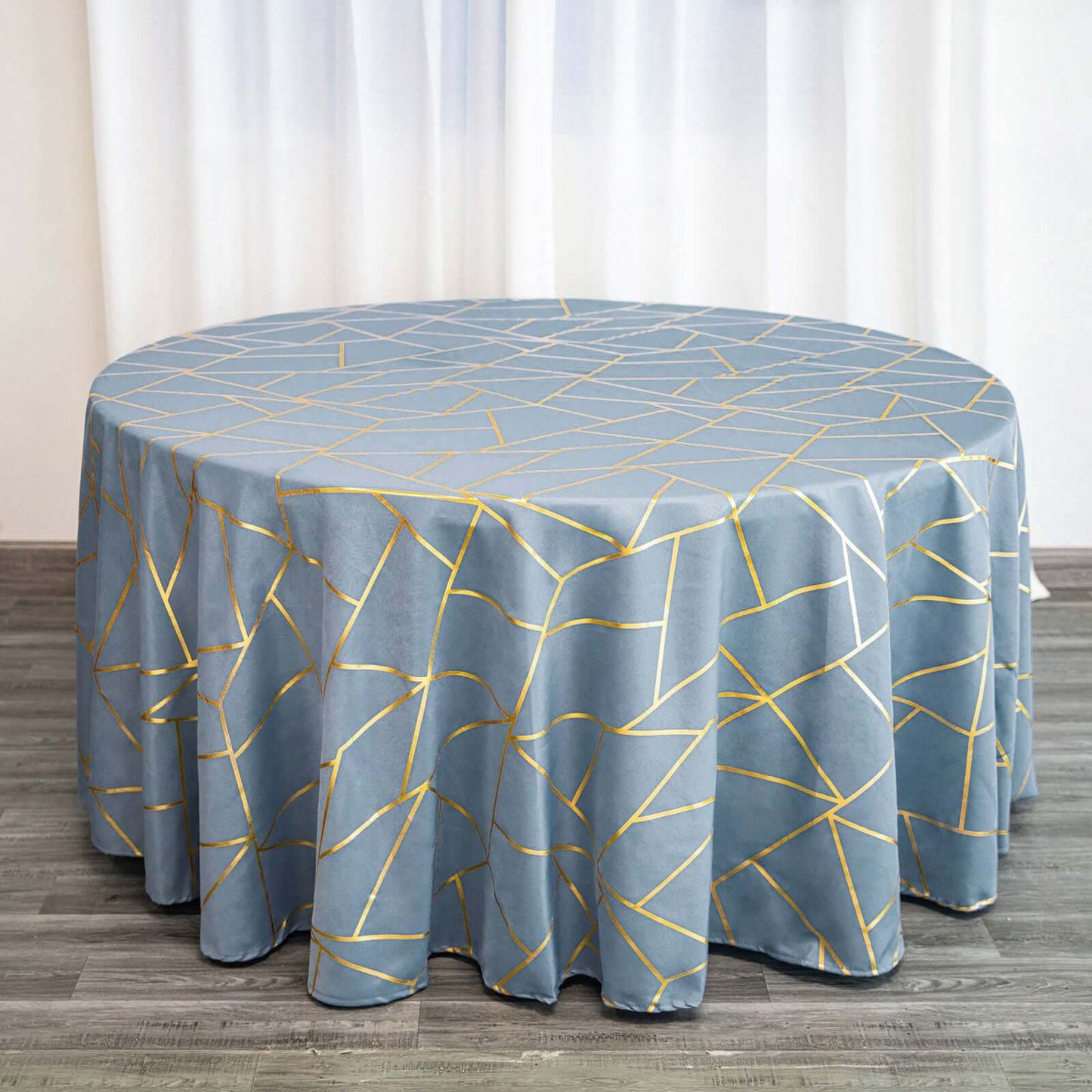 Polyester 120" Round Tablecloth Dusty Blue with Gold Foil Geometric Pattern Wrinkle-Resistant Seamless Table Cover