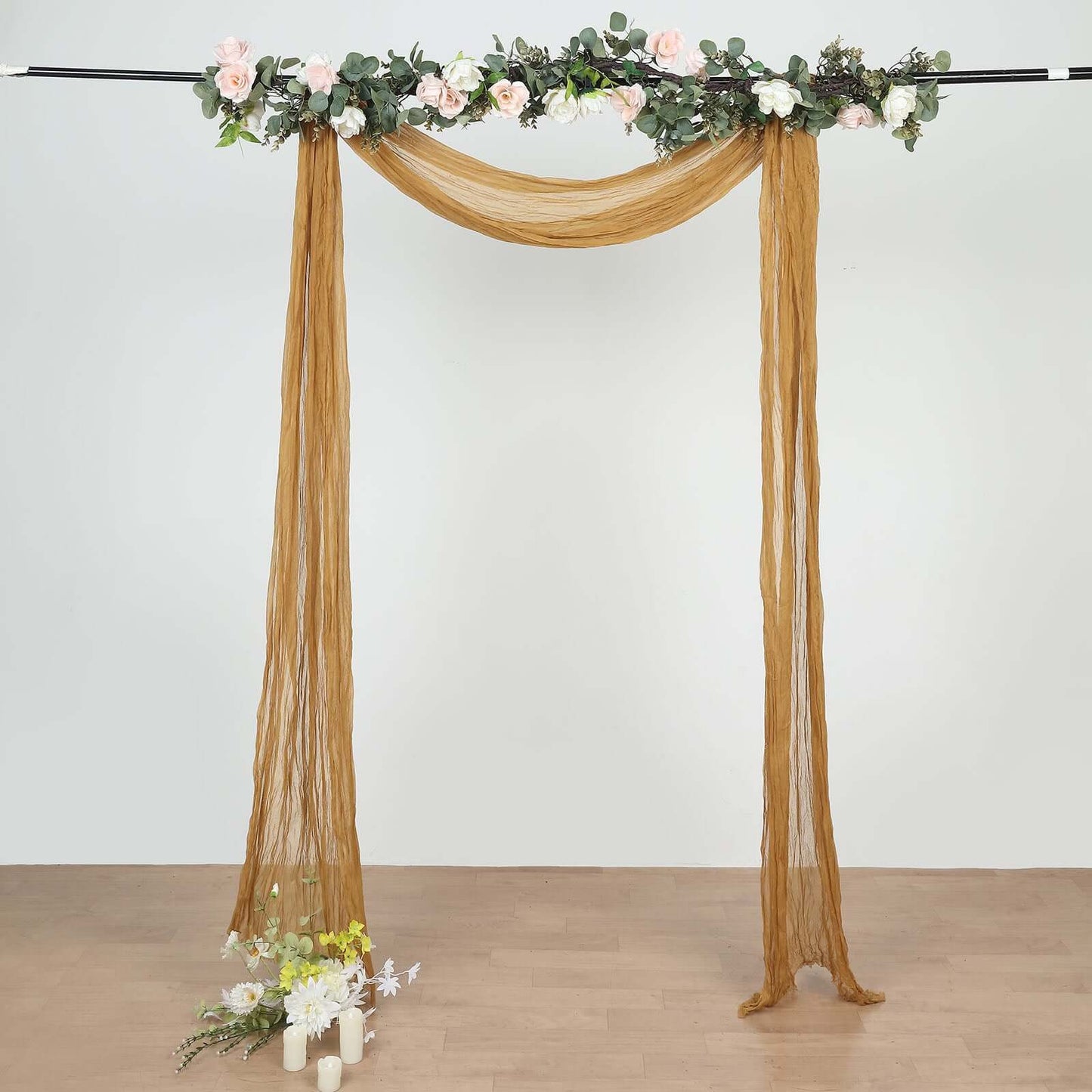 20ft Gold Gauze Cheesecloth Fabric Wedding Arch Drapery, Window Scarf Valance, Boho Decor Arbor Curtain Panel