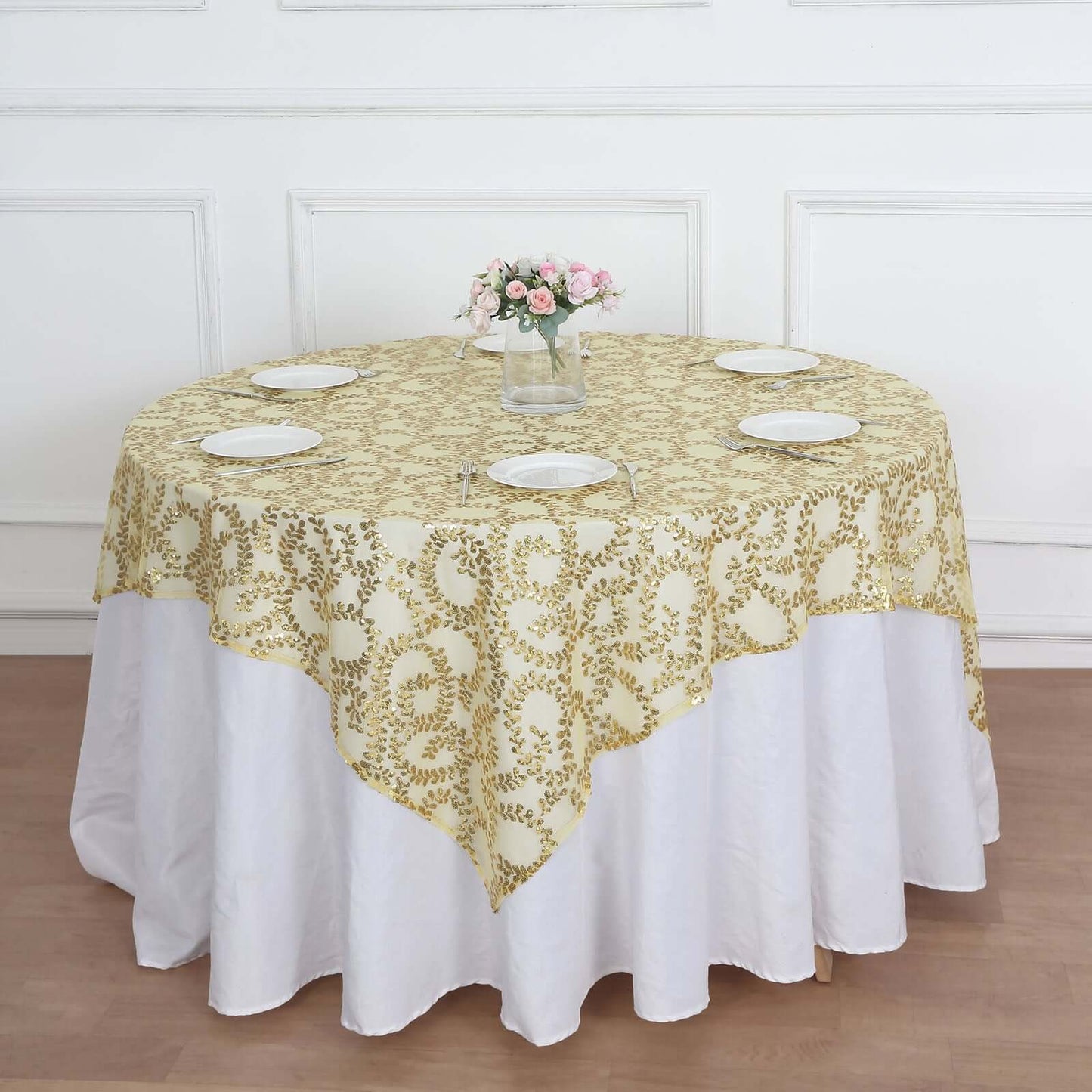 Tulle 72"x72" Table Overlay Square Tablecloth Gold - Sequin Leaf Embroidered Design for Stylish Occasions