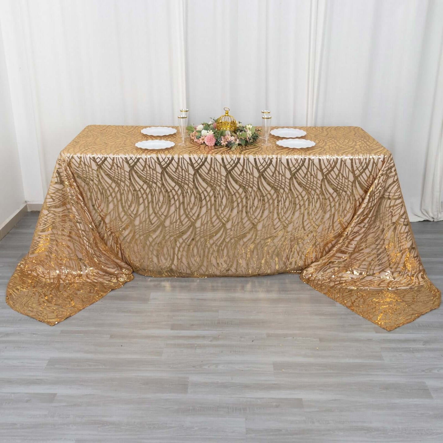 Mesh 90"x156" Rectangle Tablecloth Gold - Wave Sequin Embroidered Design for Refined Occasions