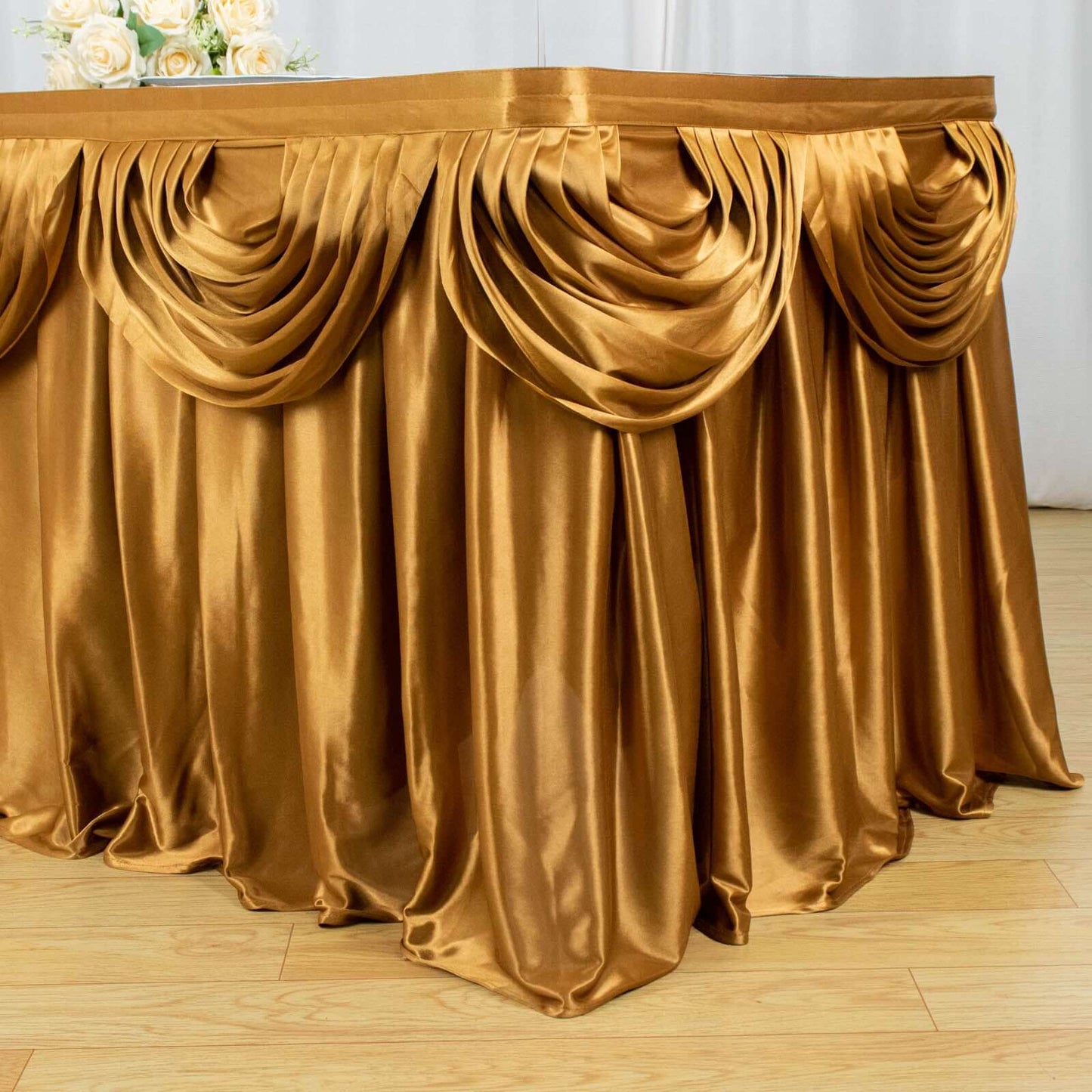 Satin 14ft Table Skirt Gold Pleated Double Drape Design - Soft & Graceful for Events