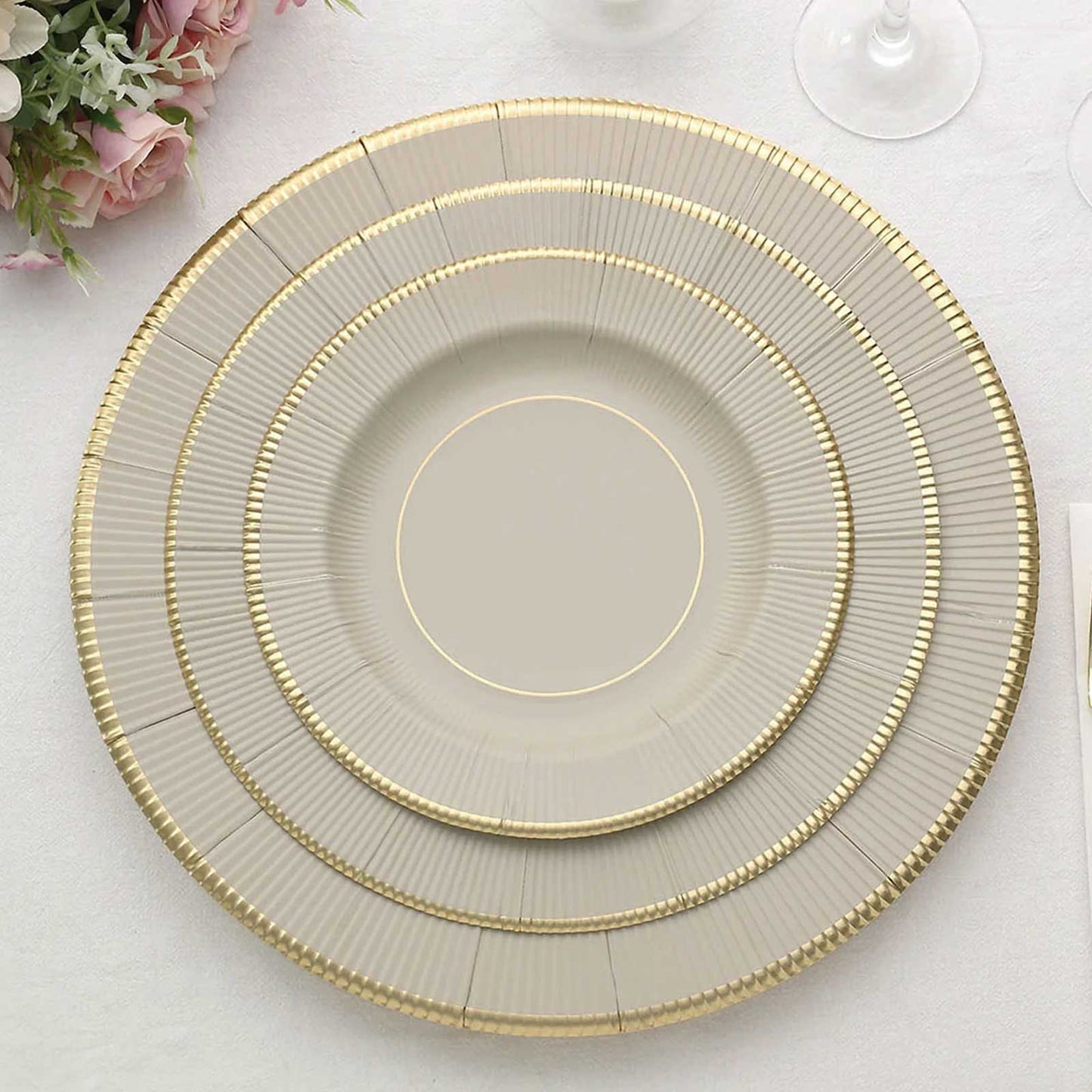 25-Pack Paper 8" Round Dessert Plates in Taupe Sunray Design with Gold Rim - Disposable Heavy Duty 350GSM Appetizer Salad Plates