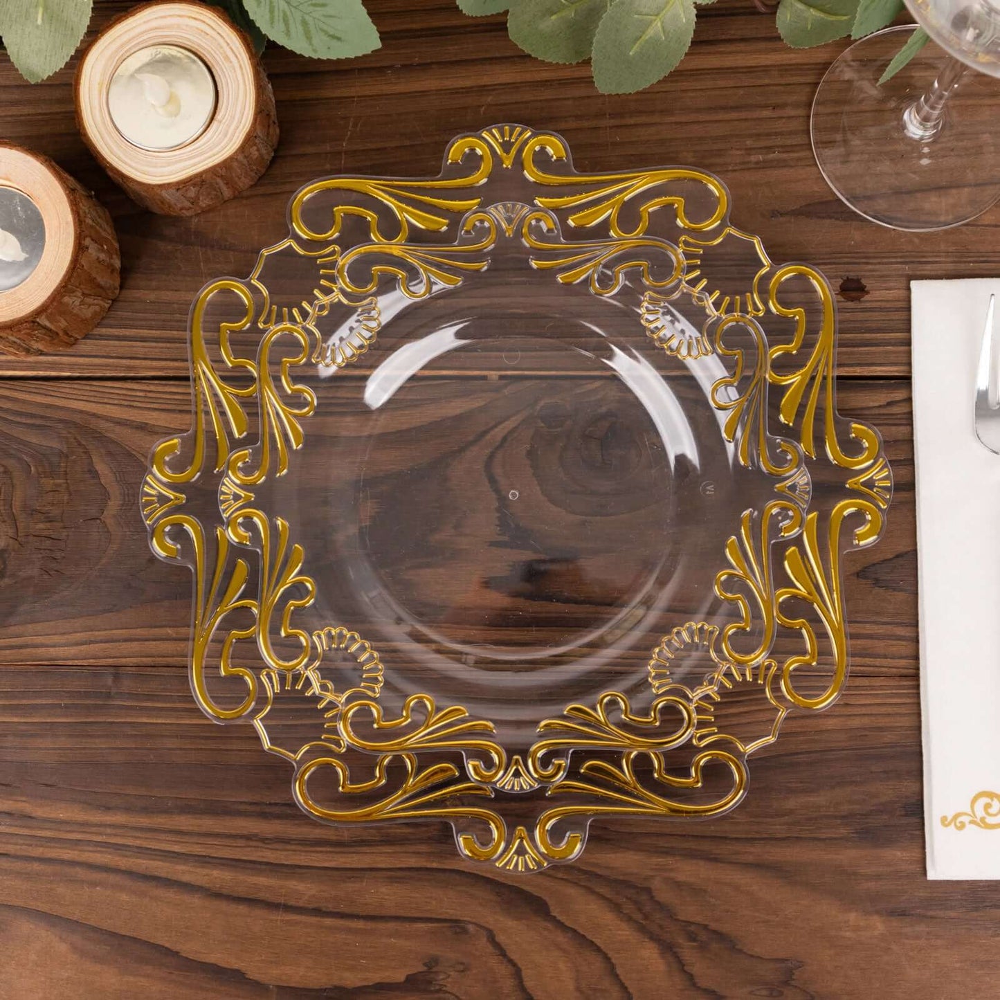 10-Pack Plastic 8" Round Dessert Plates in Clear with Gold Vintage Baroque Scalloped Rim - European Style Disposable Salad Appetizer Plates
