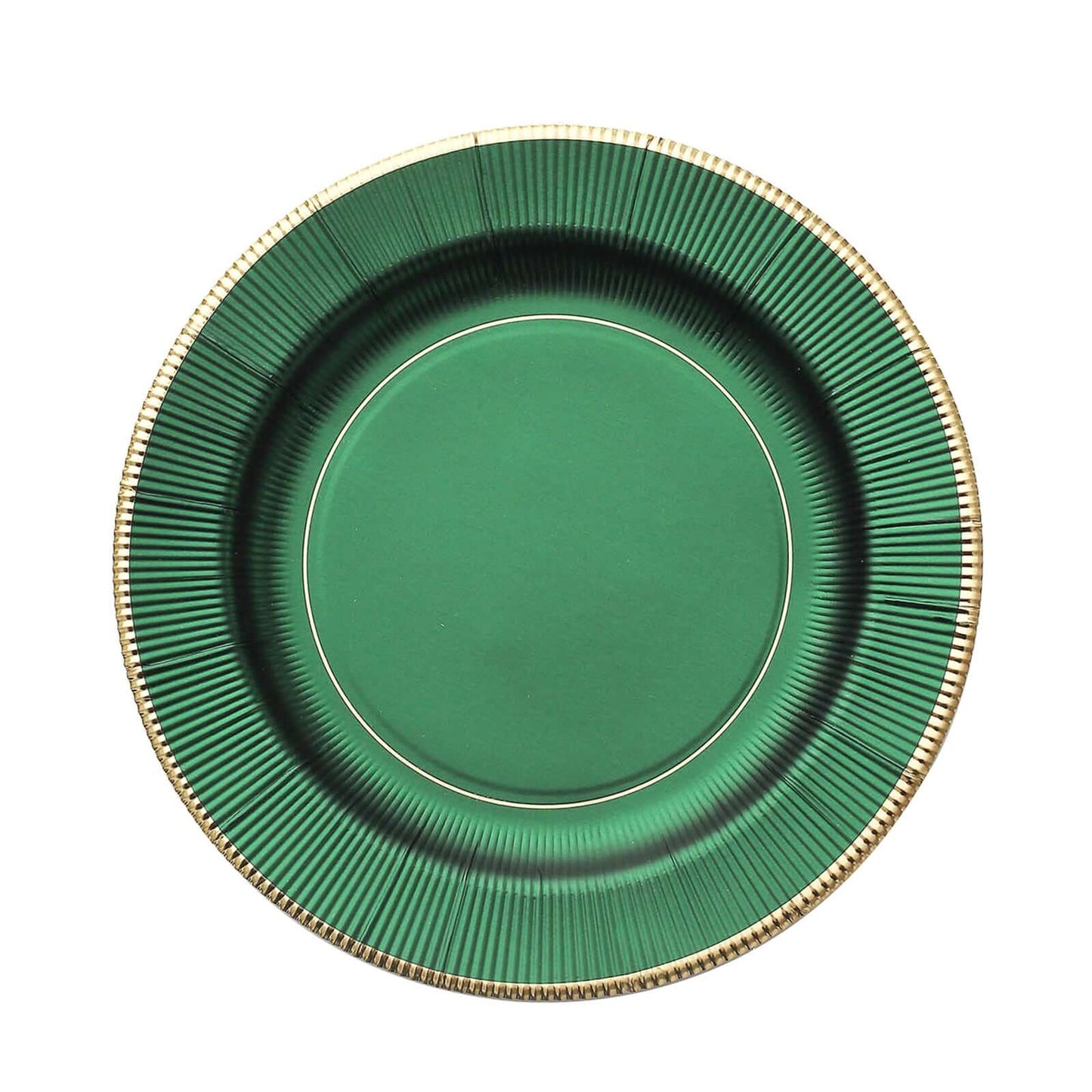 25-Pack Paper 8" Round Dessert Plates in Hunter Emerald Green Sunray Design with Gold Rim - Disposable Heavy Duty 350GSM Appetizer Salad Plates