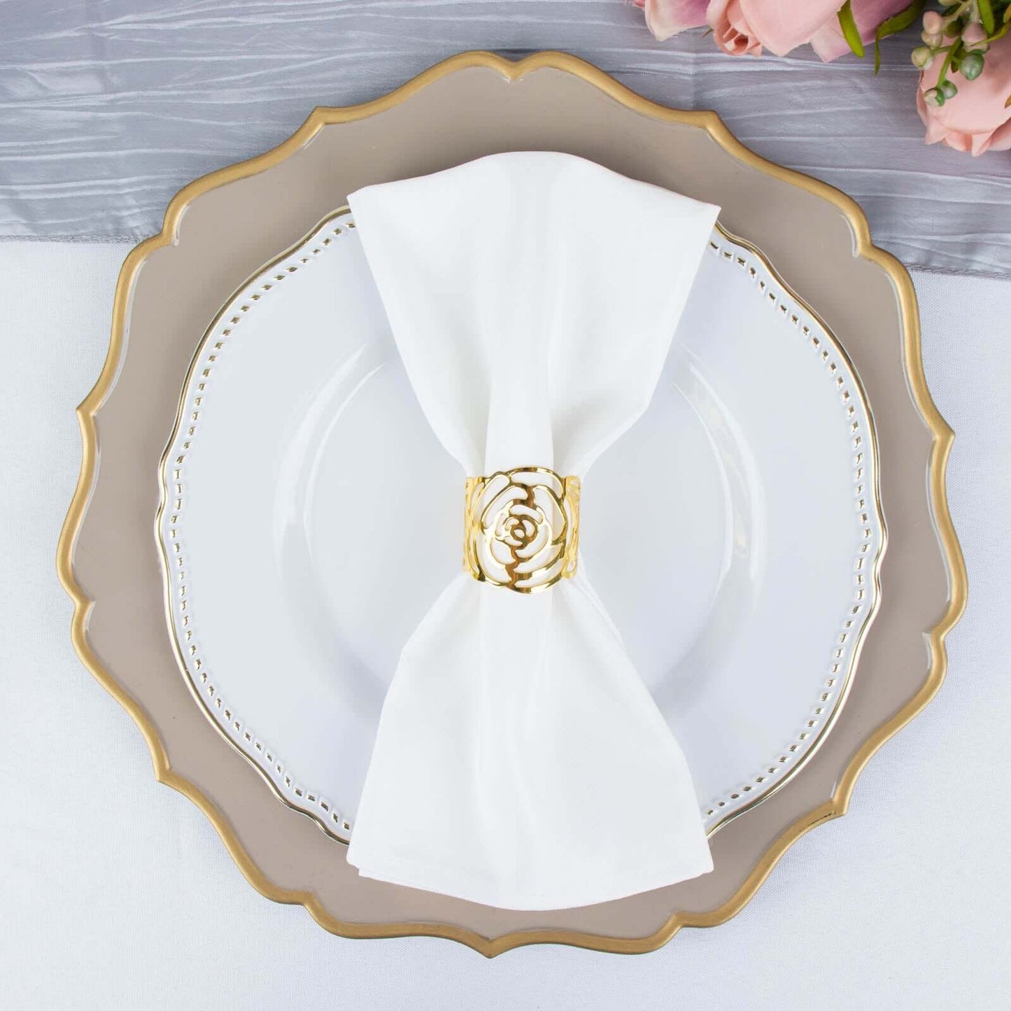 4 Pack Shiny Gold Laser Cut Rose Round Metal Napkin Rings, Decorative Flower Napkin Holders