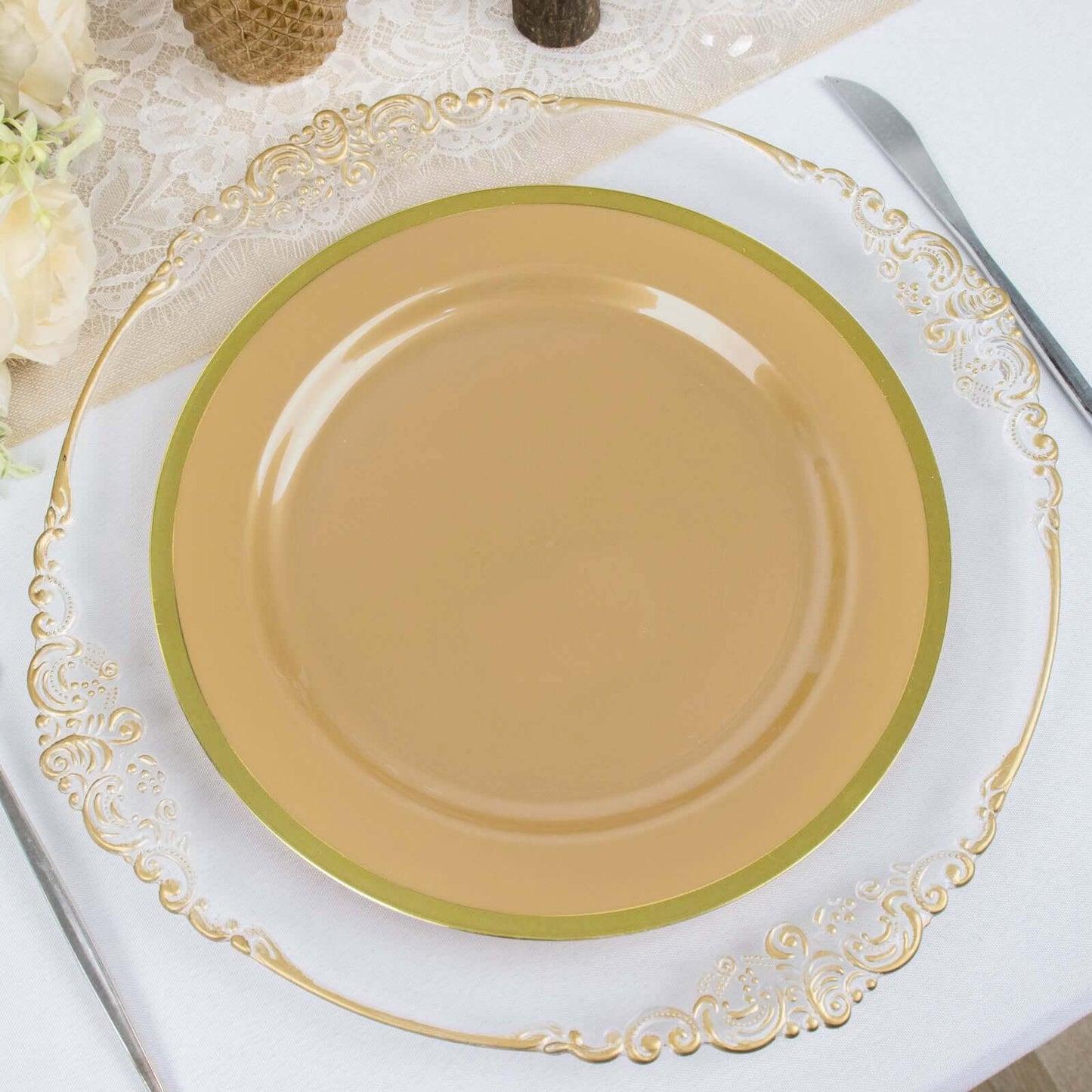 10-Pack Plastic 10" Round Dinner Plates in Gold - Disposable Party Plates for Classy Banquets & Special Occasions