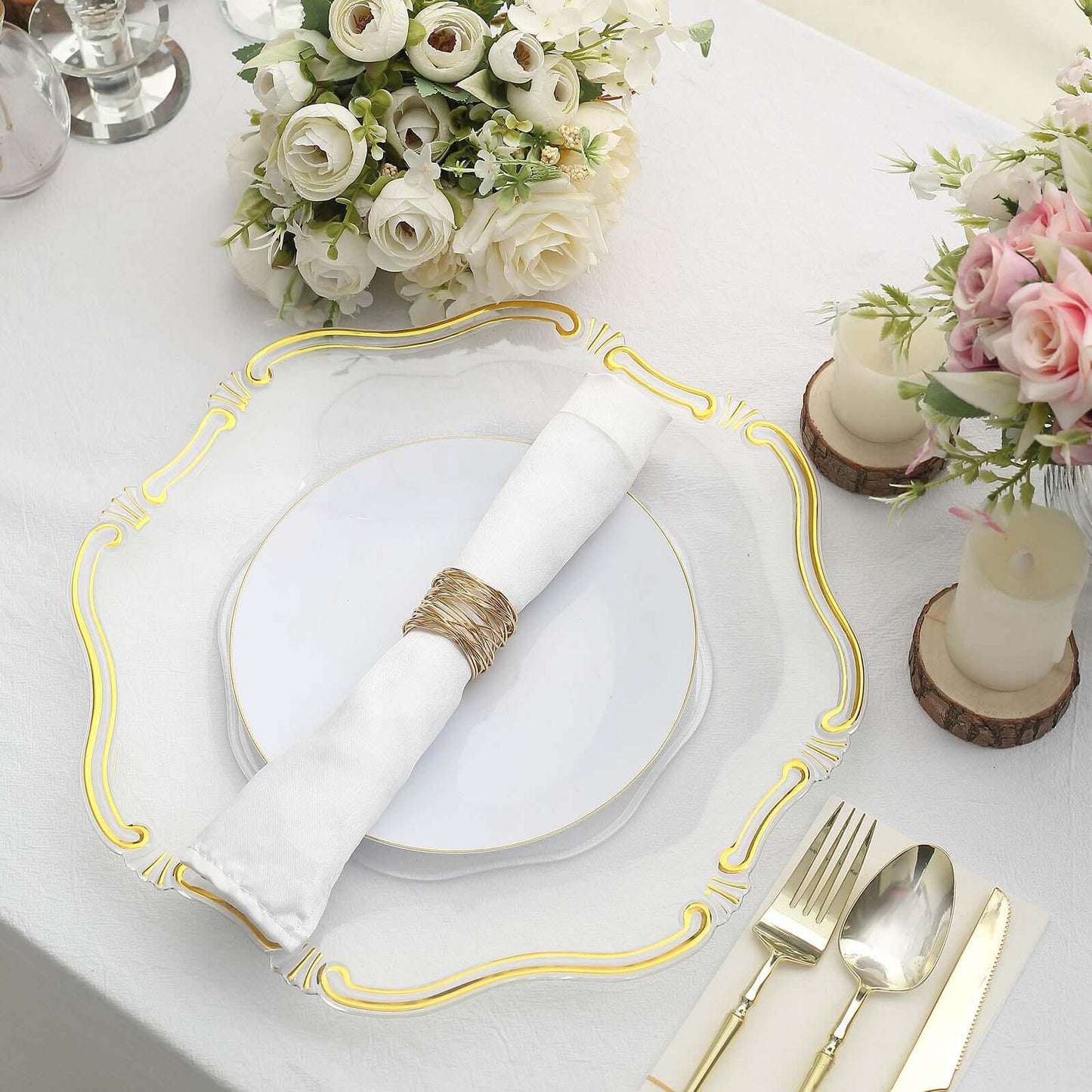 6-Pack Acrylic Plastic Hexagon Charger Plates 13" in Clear with Gold Baroque Scalloped Rim, Exquisite Dinner Serving Plates