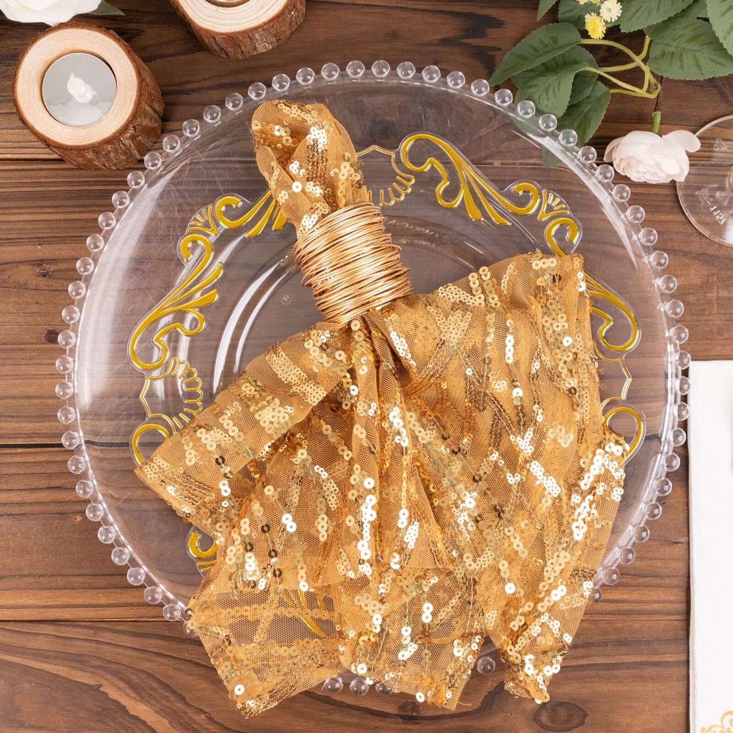 Sequin Mesh 20"x20" Napkin Gold - Wave Embroidered Reusable Cloth Napkin for Glitzy Table Settings