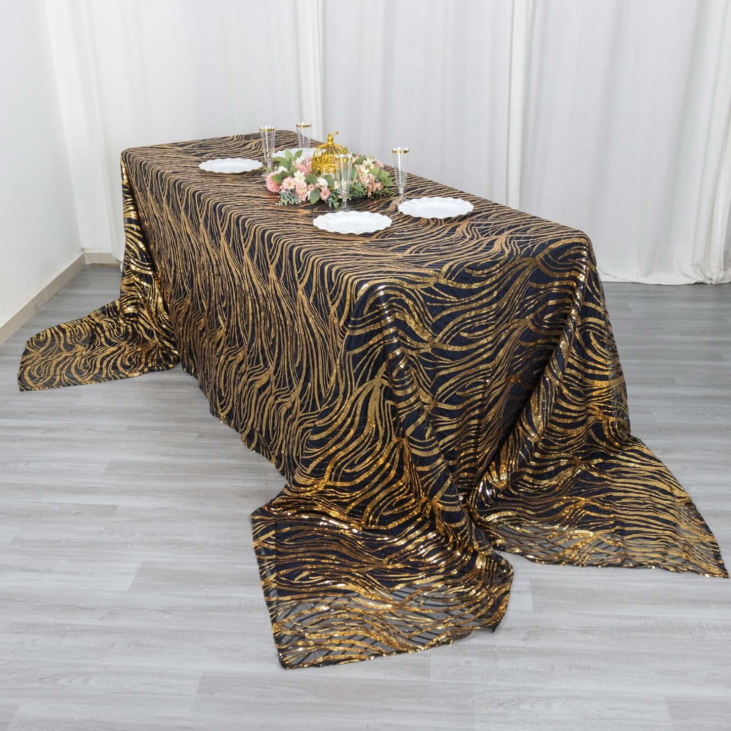 Mesh 90"x156" Rectangle Tablecloth Black/Gold - Wave Sequin Embroidered Table Cover