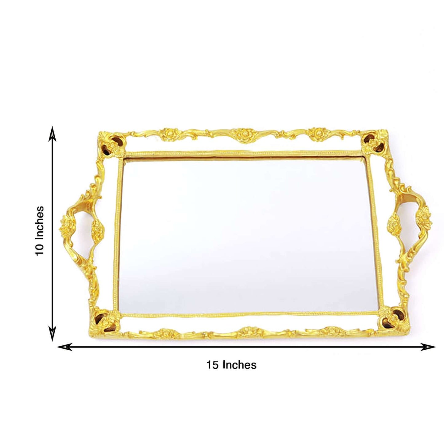Resin Mirrored Rectangle Serving Tray 15"x10" in White with Gold Baroque Design, Stylish Decorative Vanity Tray Centerpiece