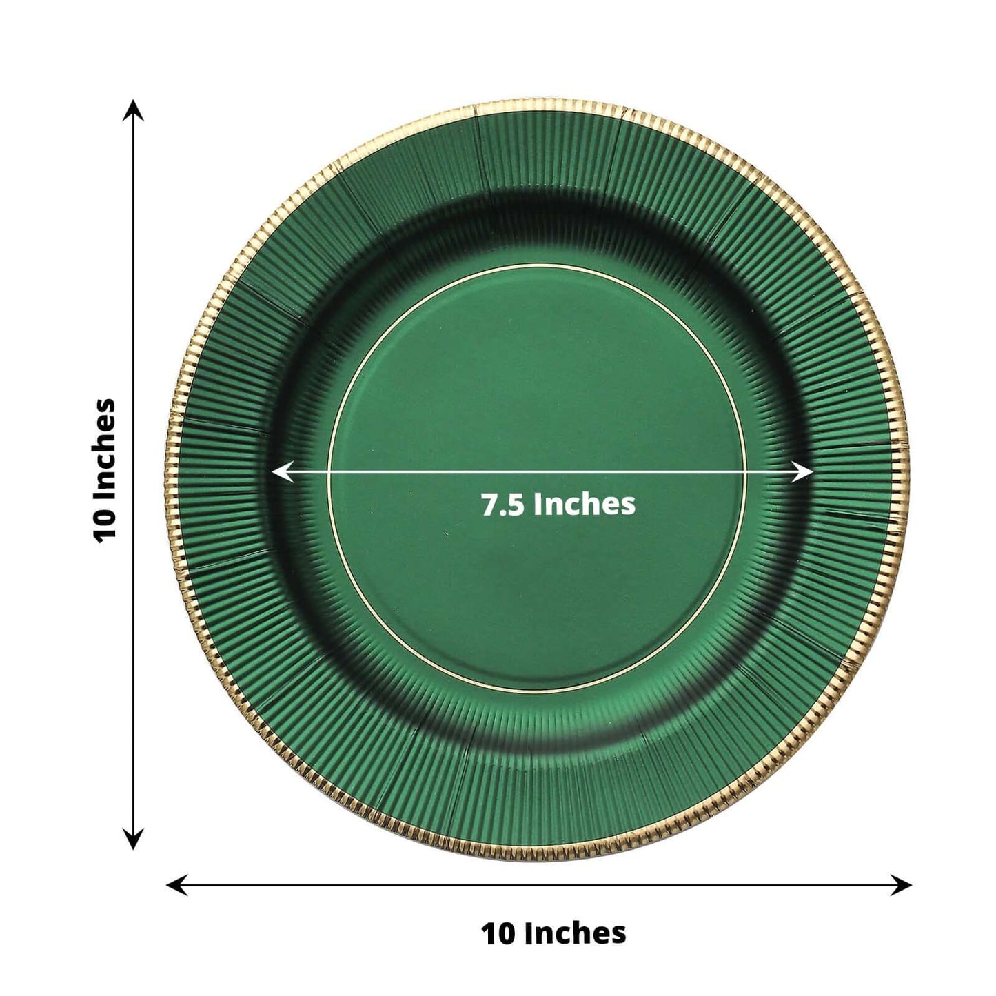 25-Pack Paper 10" Round Dinner Plates in Hunter Emerald Green Sunray Design with Gold Rim - Disposable Heavy Duty 350GSM Party Plates