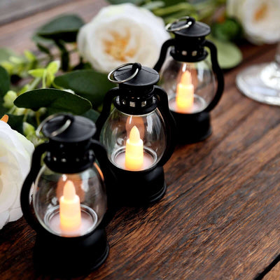 12-Pack LED Flickering Decorative Lights Vintage Black - Battery Operated Mini Hanging Lanterns 3.5"