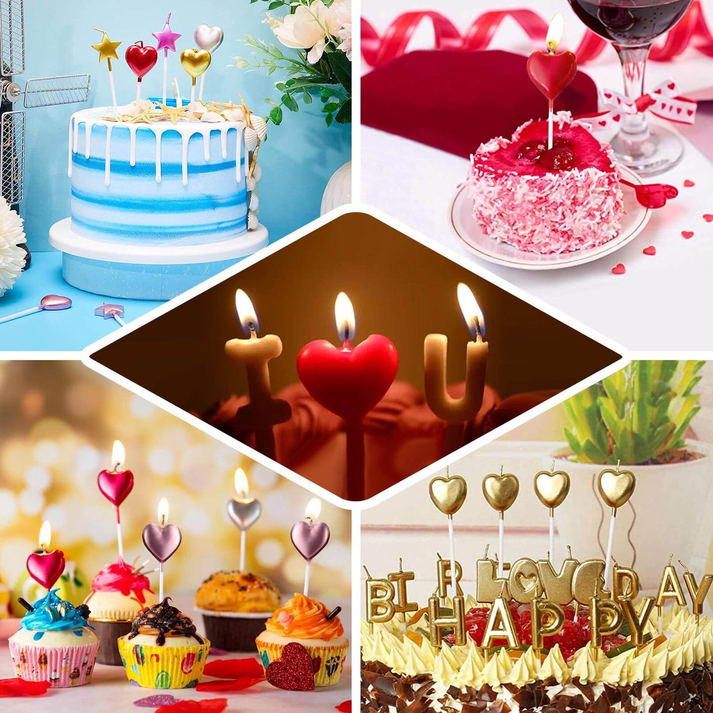 10-Pack Heart Shaped Cupcake Candles Love and Valentine Dessert Toppers - Red, Silver, and Gold