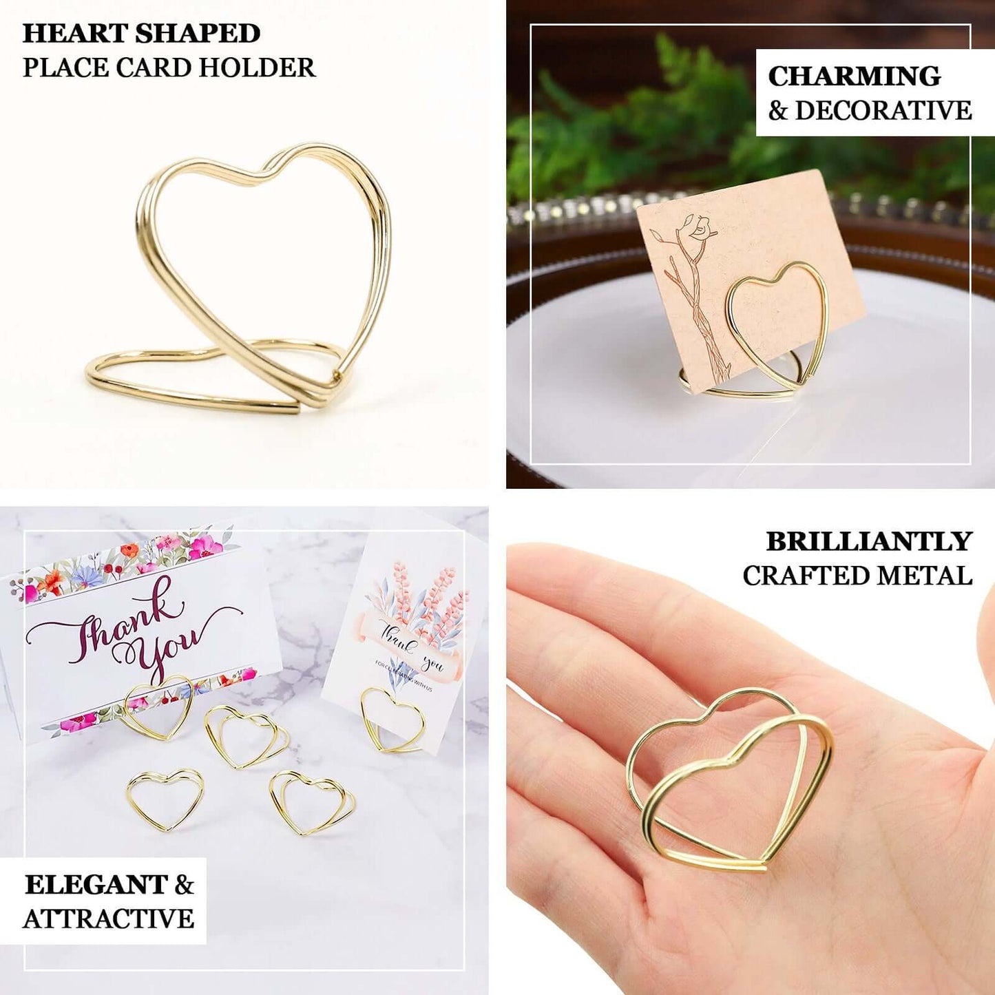 10-Pack Metal Card Holder Stands Double Heart Design Gold - Table Number Stands and Wedding Place Card Menu Clips 1"