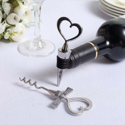 Silver Metal Heart Wine Bottle Opener Cork Stopper Party Favors Souvenir Gift Set, Wedding Favor in Velvet Box - 4.5",5"