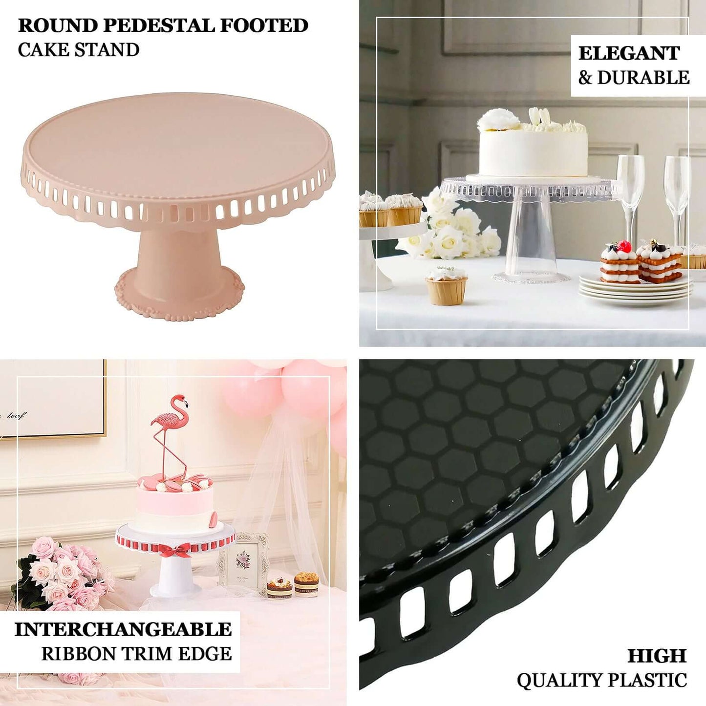 4-Pack Plastic Round Pedestal Cake Stands Blush - Hollow Ribbon Trim Edges 13"